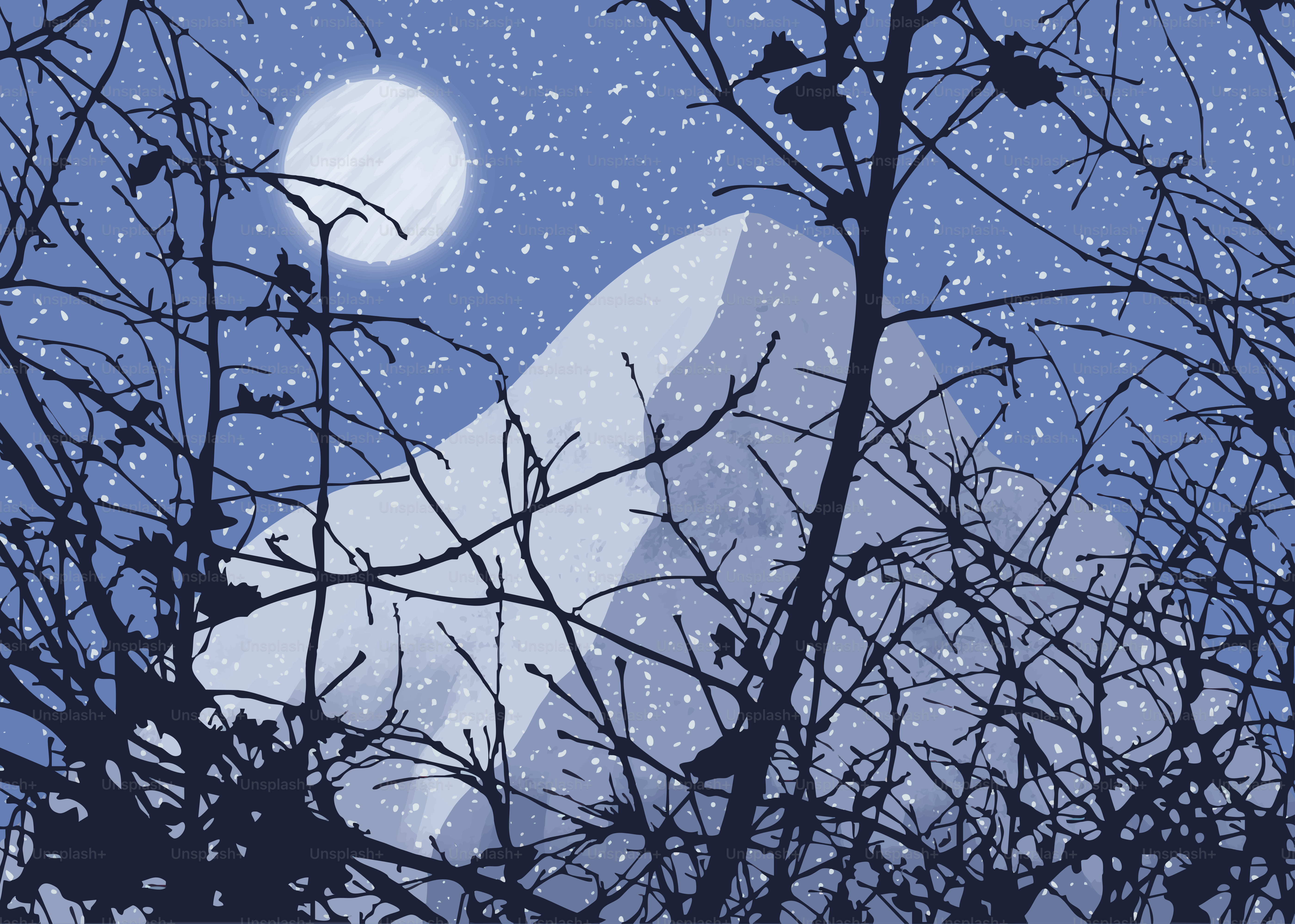 Full moon over a snow-covered mountain landscape.