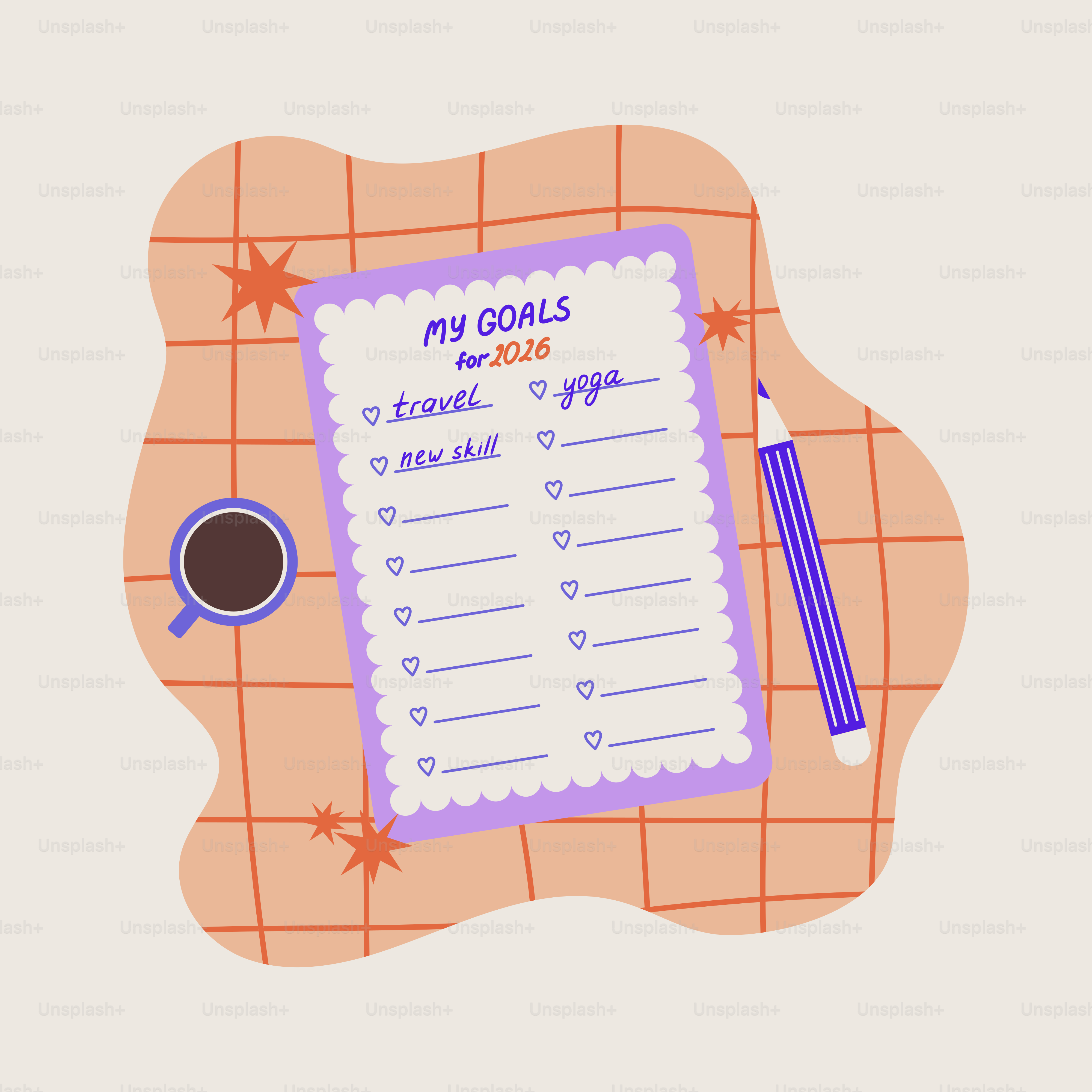 Goals list with coffee and pencil on a checkered surface.