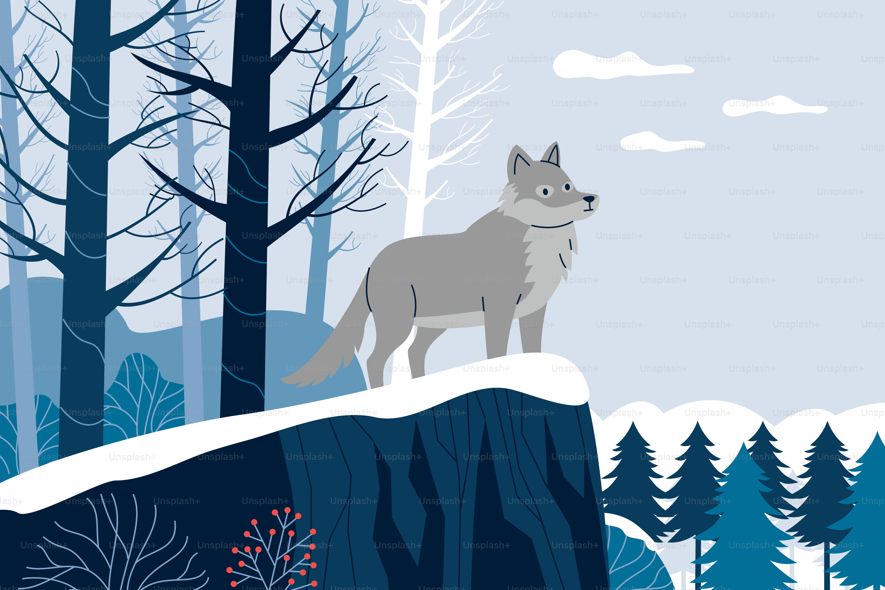 A wolf stands on a snowy cliff overlooking a forest.