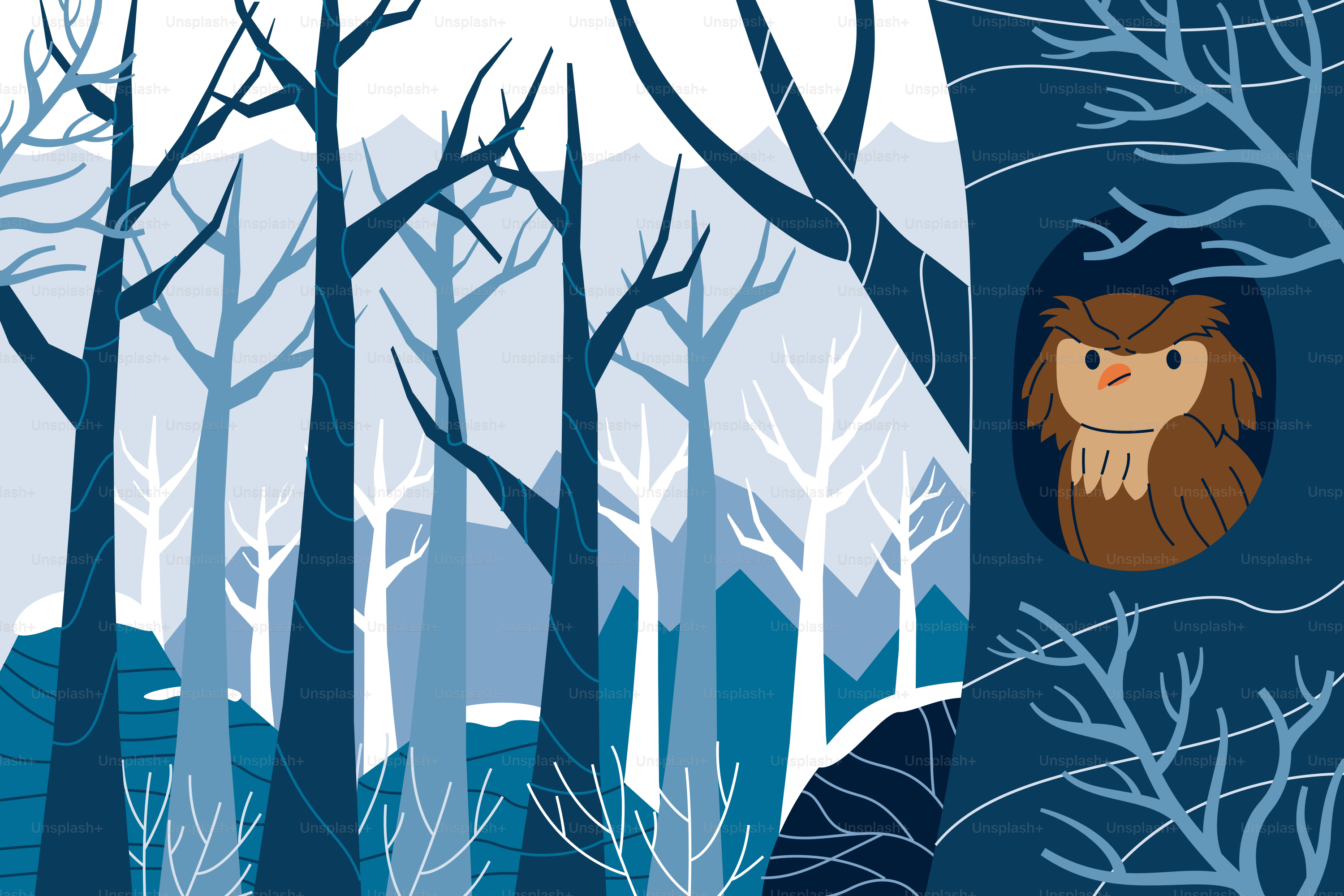 An owl peeks from a tree in a snowy forest.