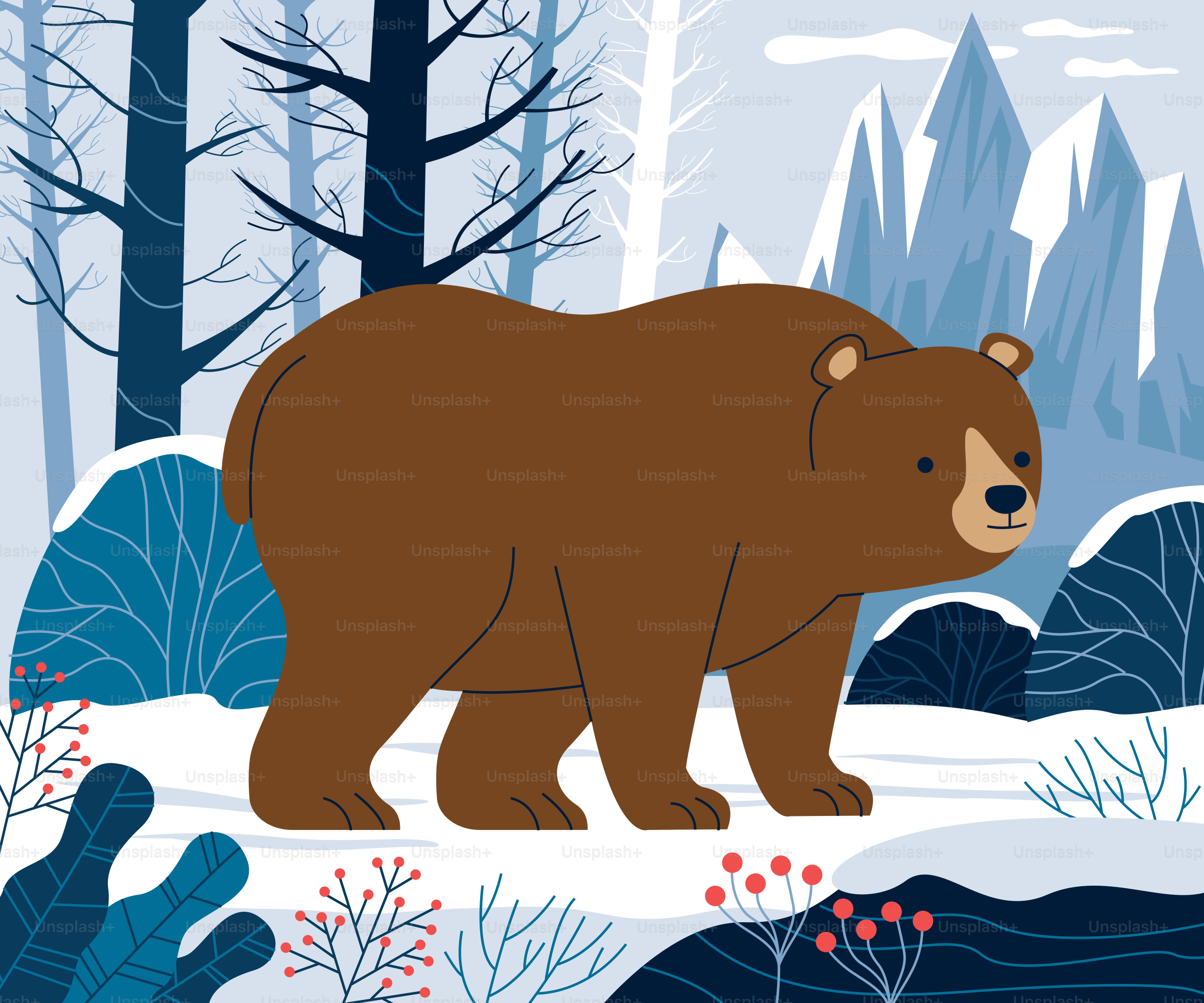 Ein Braunbär läuft durch einen verschneiten Wald.