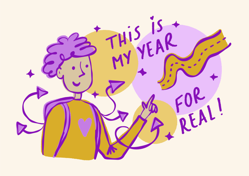 Persona señalando hacia adelante con un texto sobre su año.