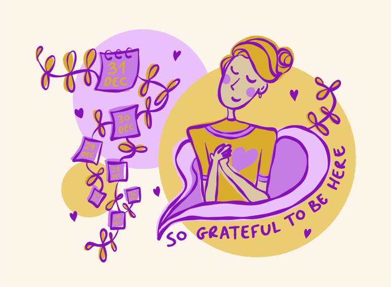 Woman with hands on chest, grateful for life.