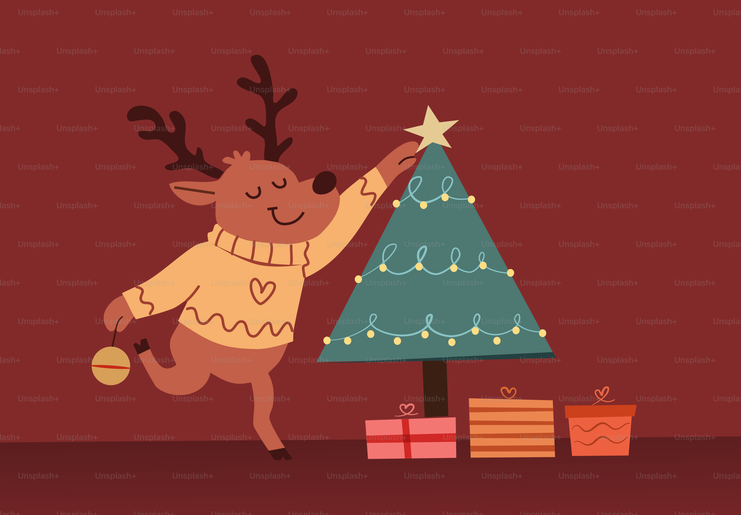 Reindeer decorating a christmas tree with presents