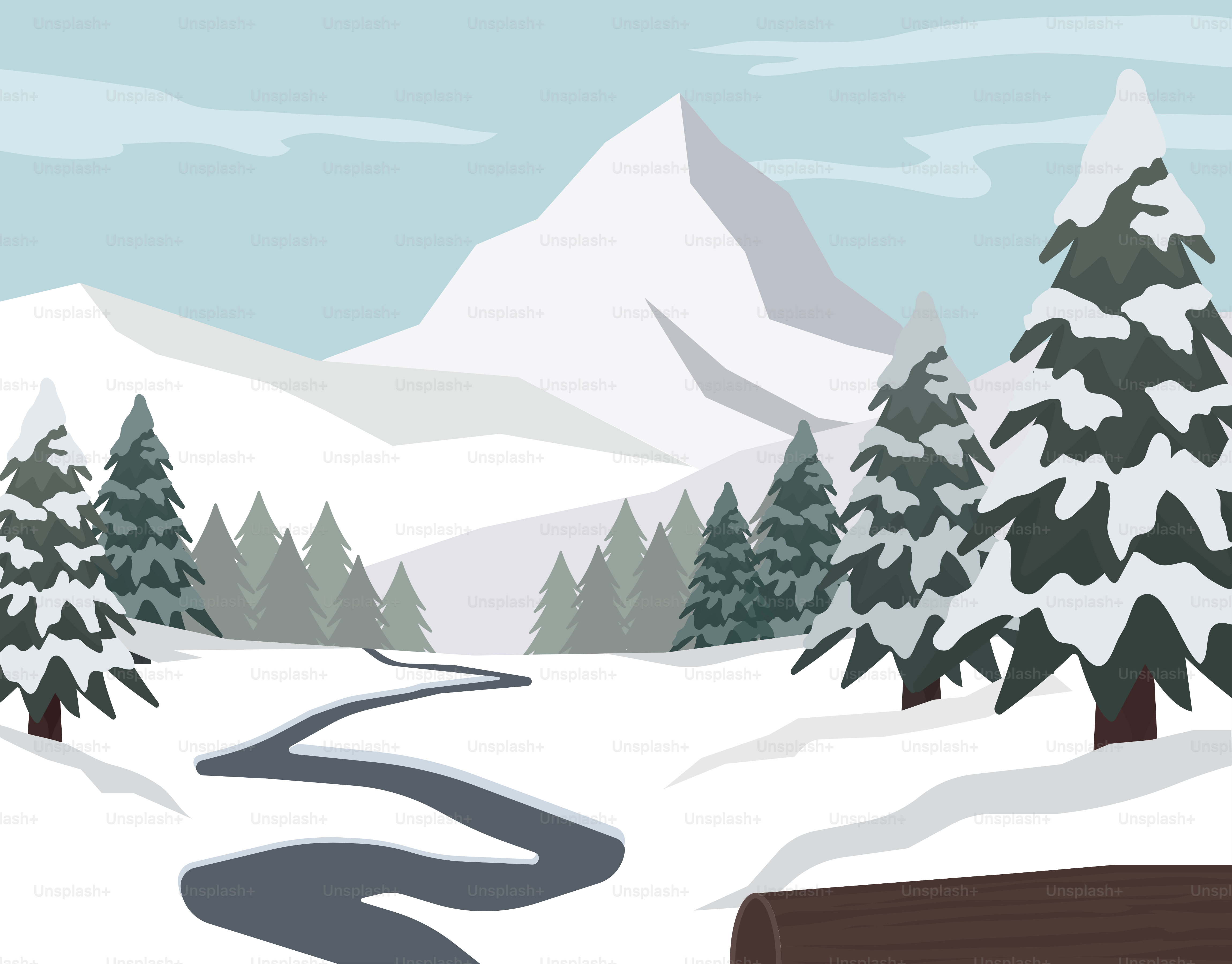 Snowy mountain landscape with a winding river.
