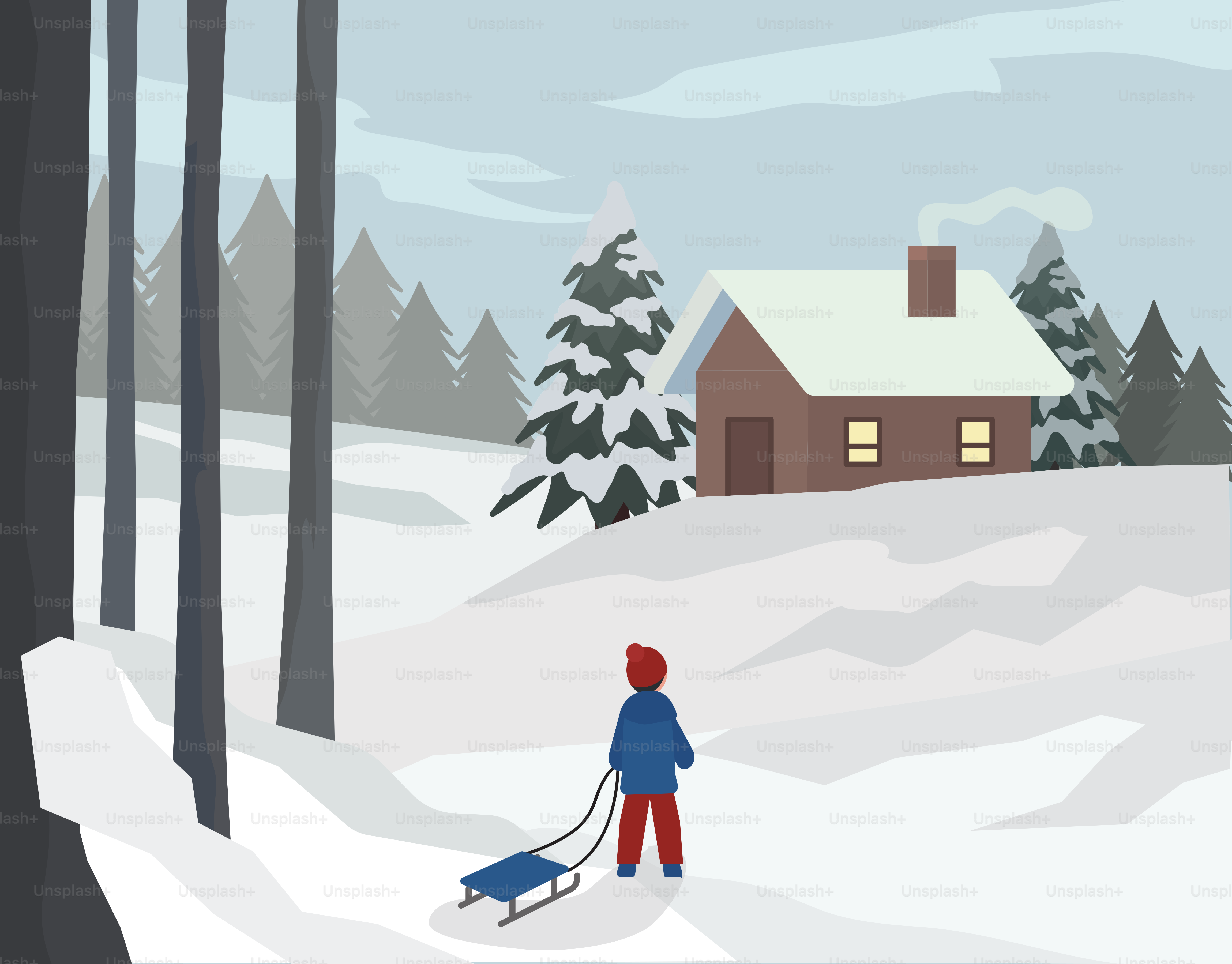 Child pulling a sled through a snowy landscape