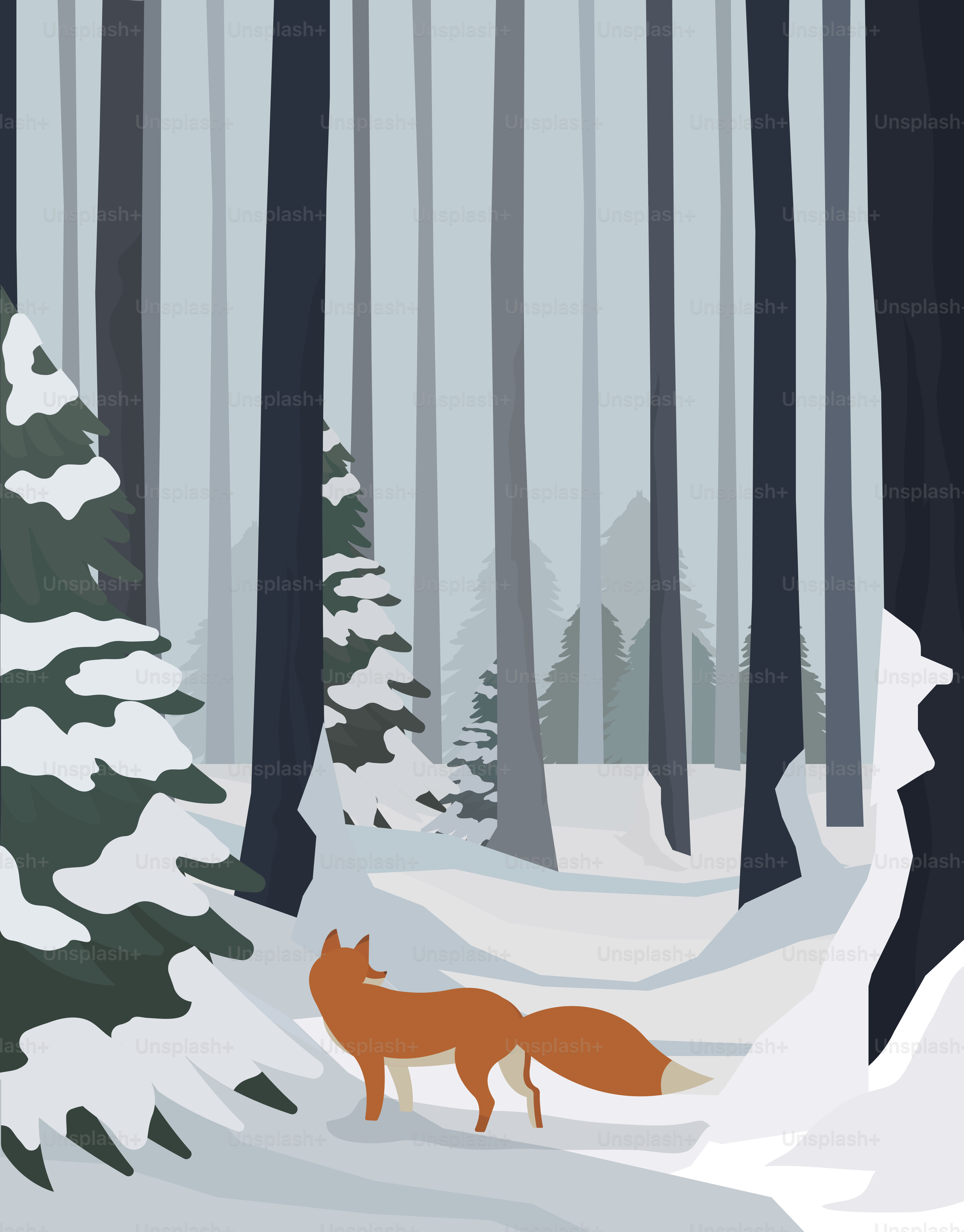 A fox walks through a snowy forest.