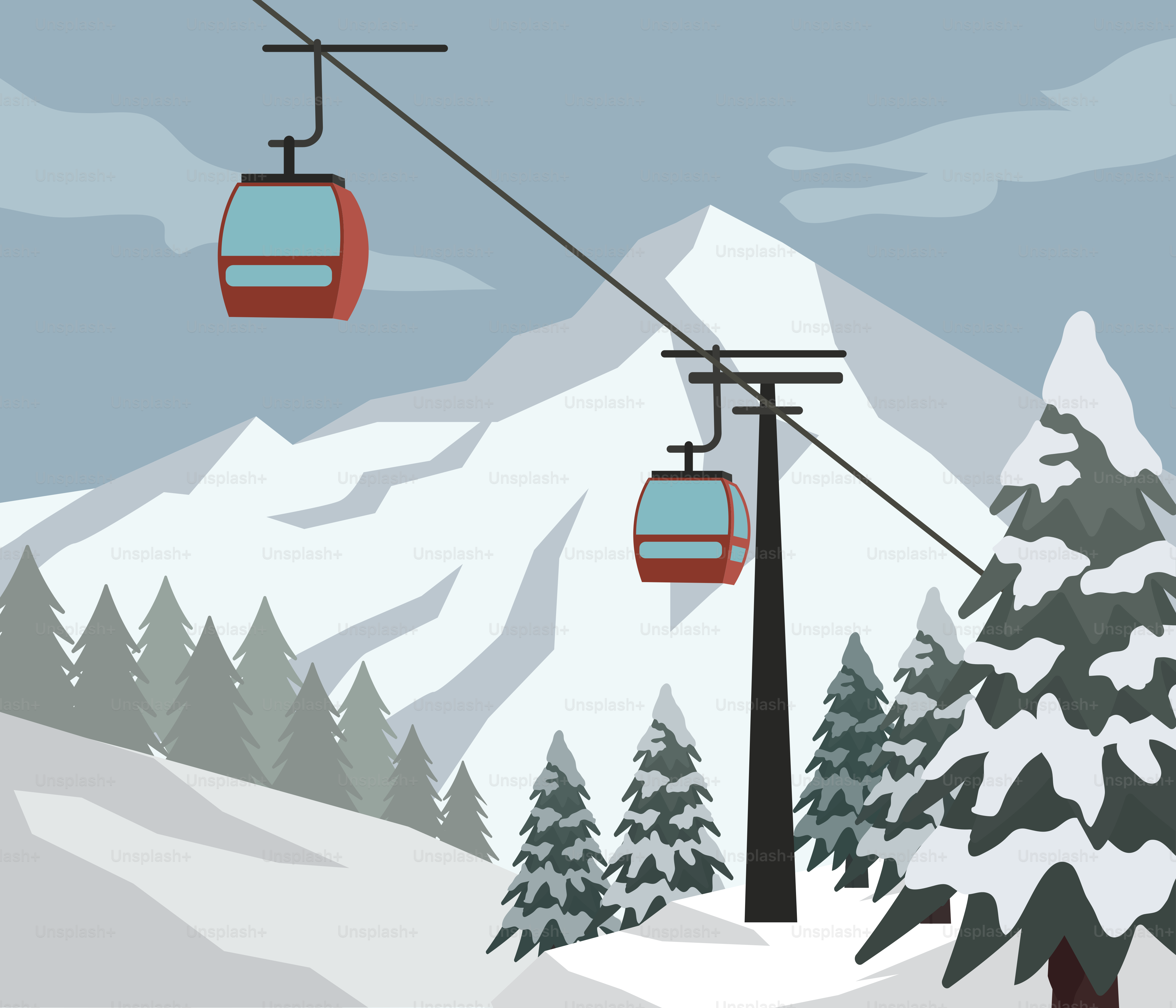 Ski lift cabins ascend snowy mountains with pine trees.