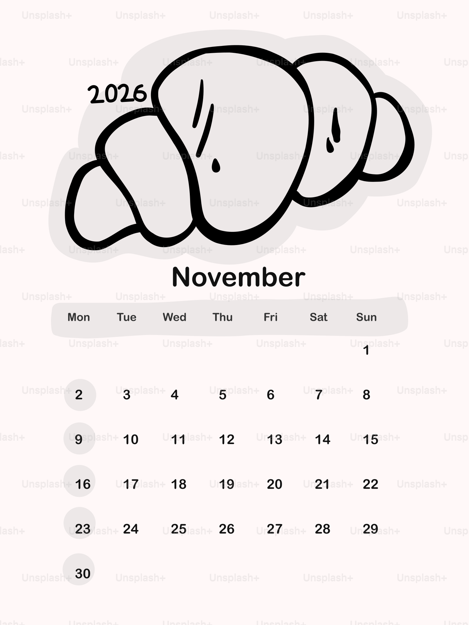 Calendario noviembre 2026 con ilustración de croissant