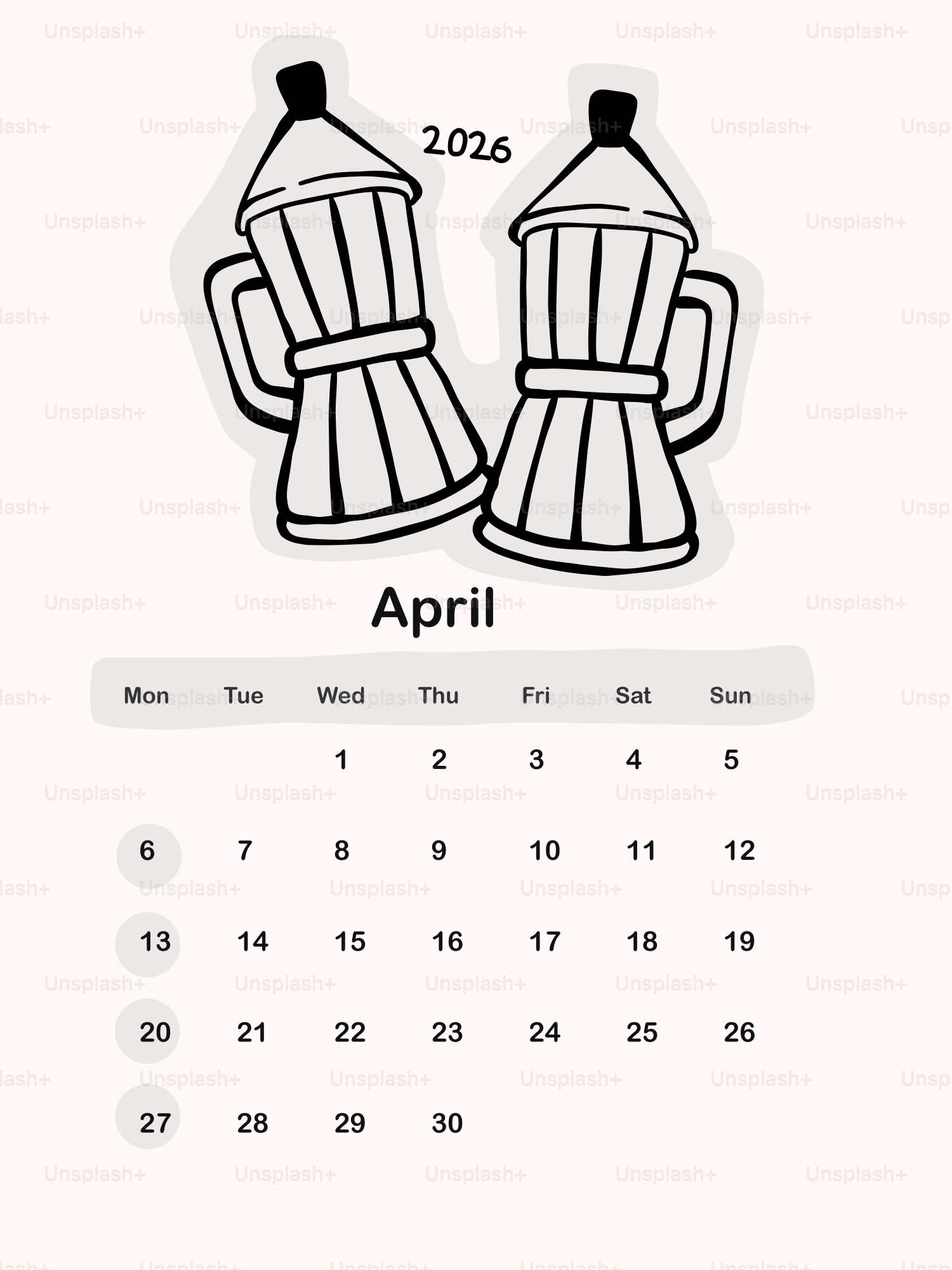 April 2026 calendar with coffee makers vector – Illustration Image