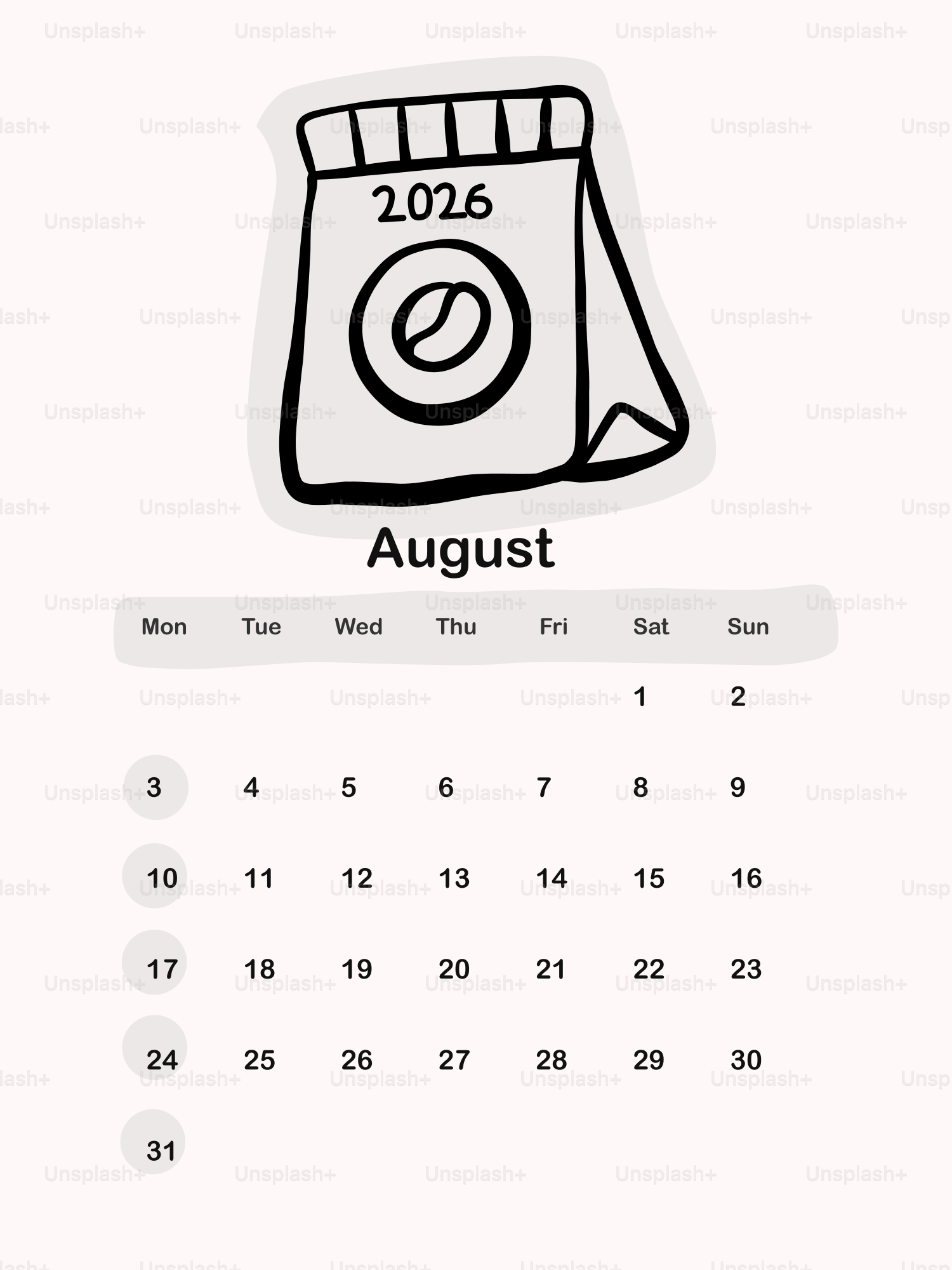 August 2026 calendar with coffee bean icon