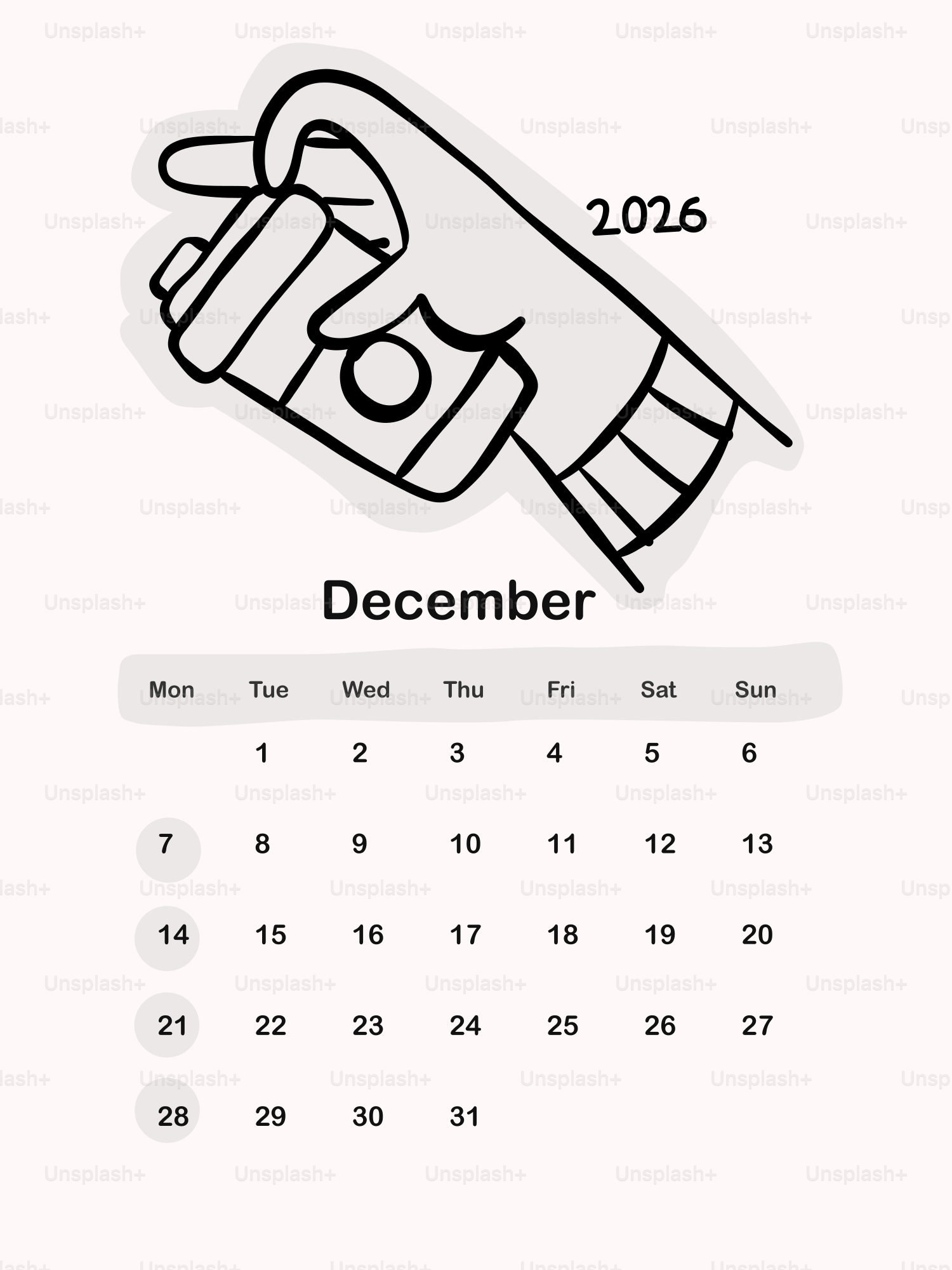 December 2026 calendar with hand holding coffee cup