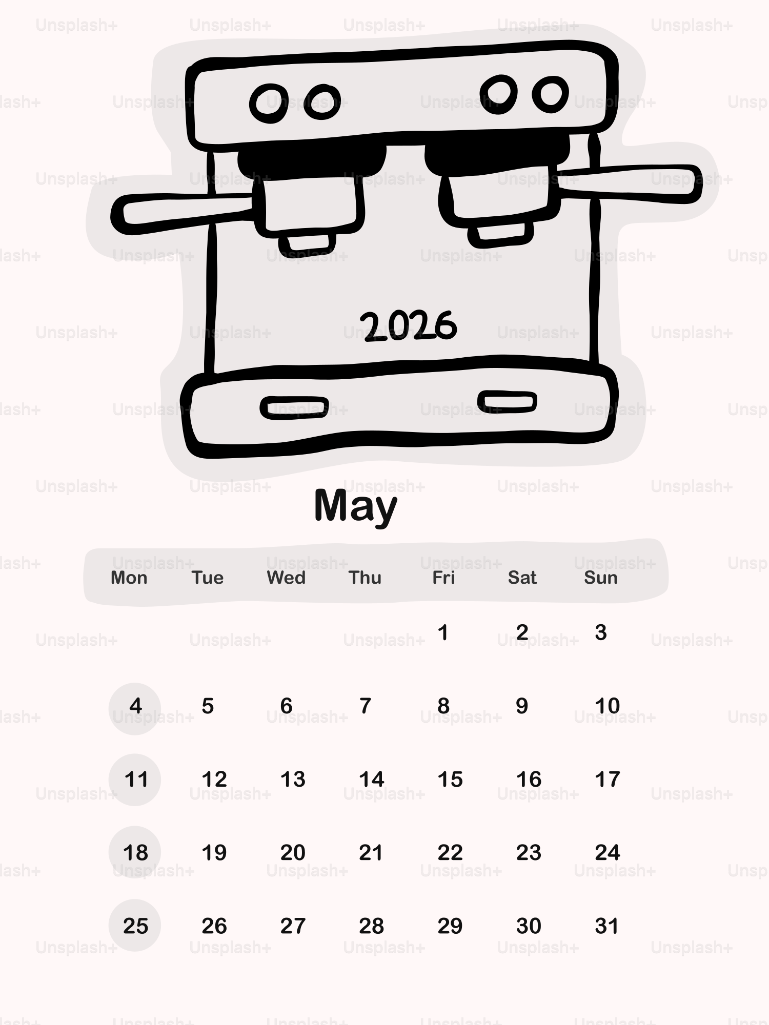 Calendario de mayo con ilustración de máquina de café