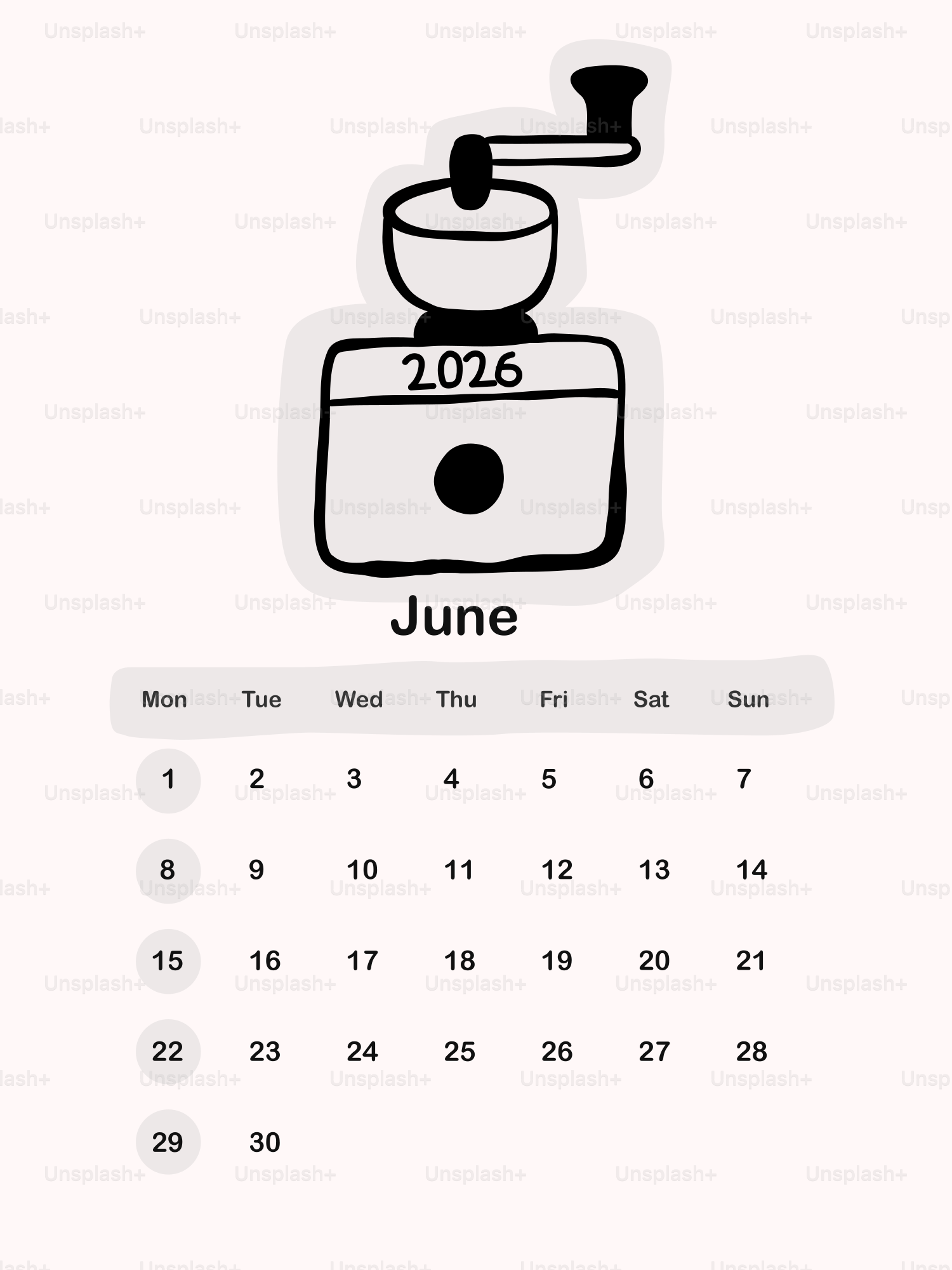 June calendar with a coffee grinder illustration