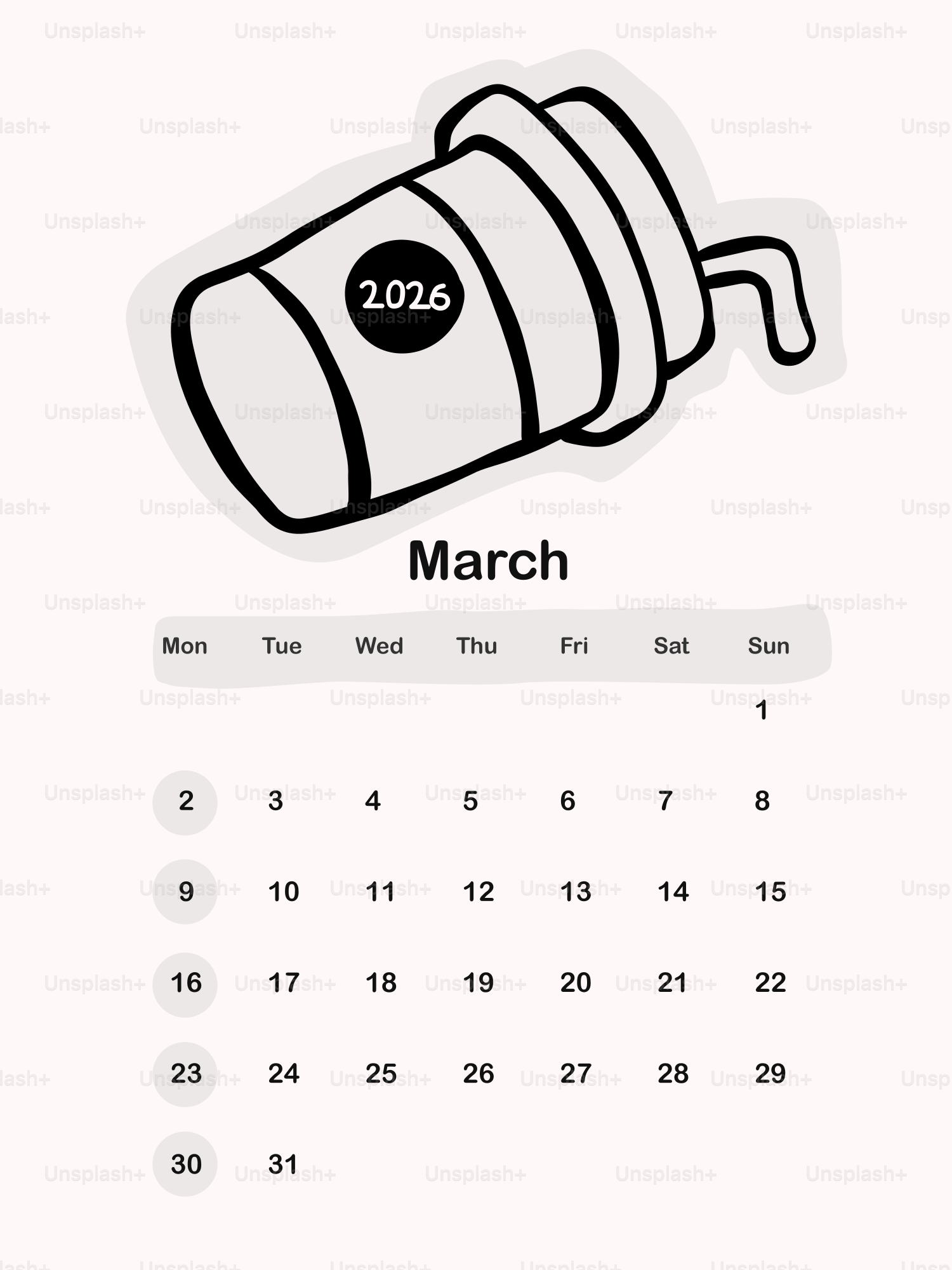 Calendario marzo 2026 con illustrazione di una tazza da caffè