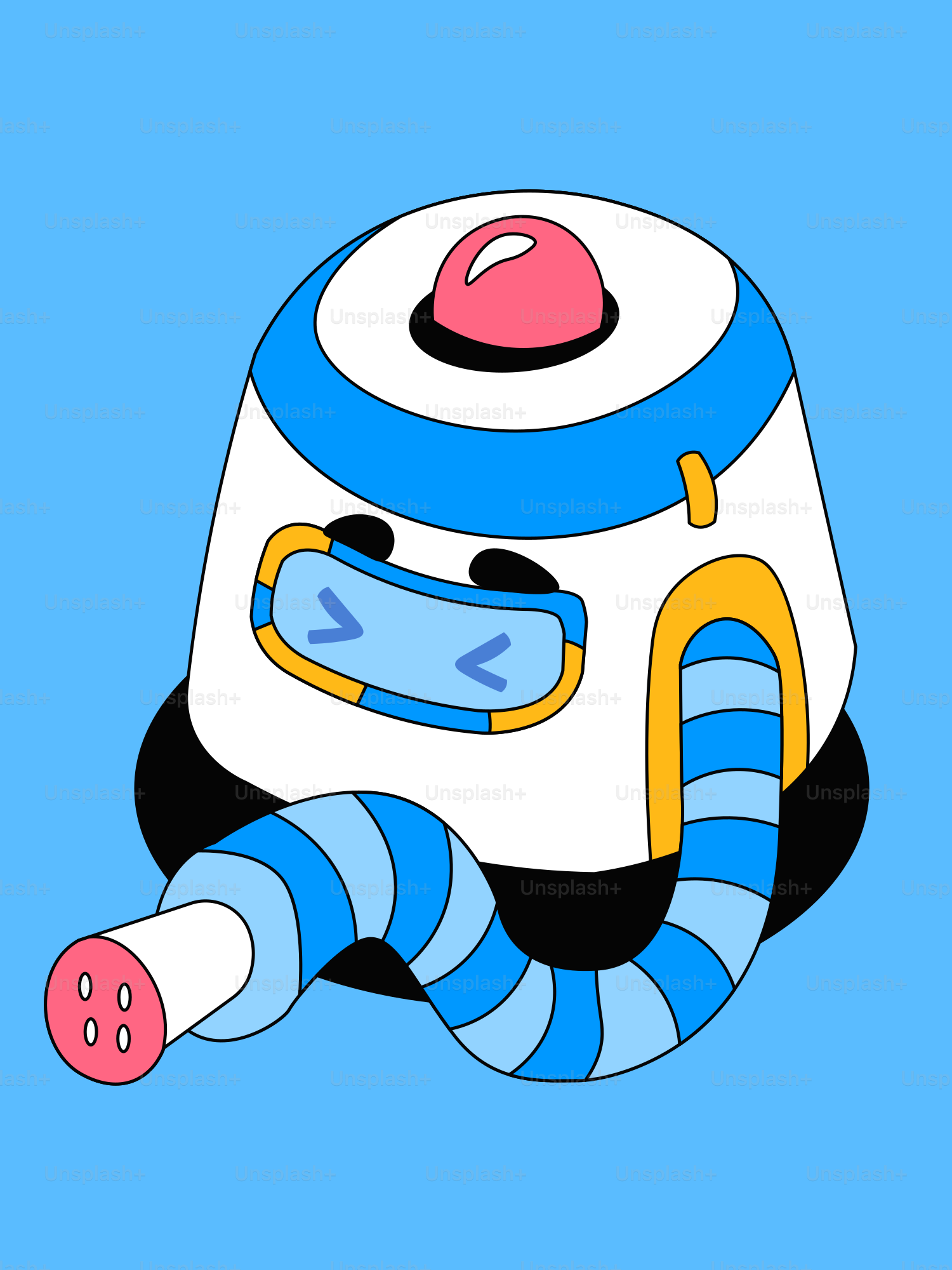 A cute cartoon robot with a blue hose