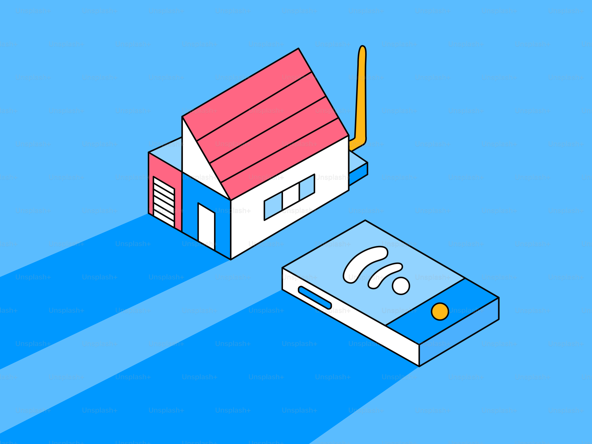 Isometric house and wifi router on blue background