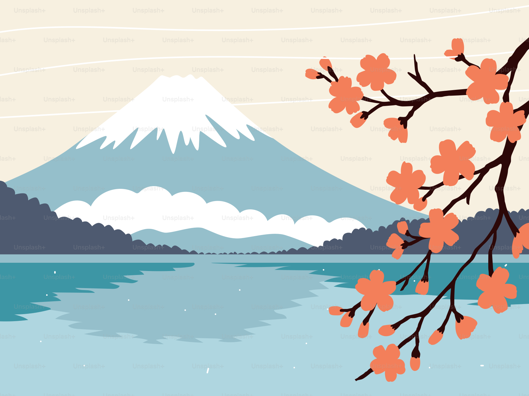 Monte Fuji con cerezos en flor y lago