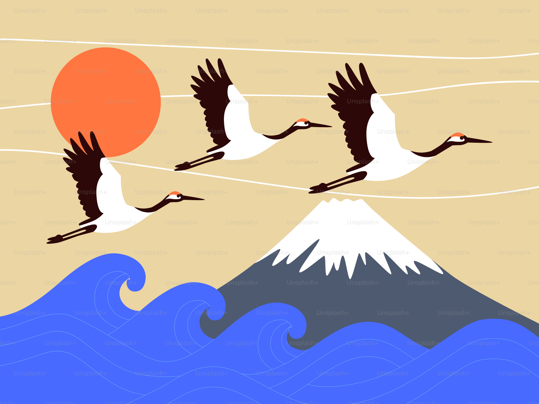 Three cranes fly over waves toward mount fuji.