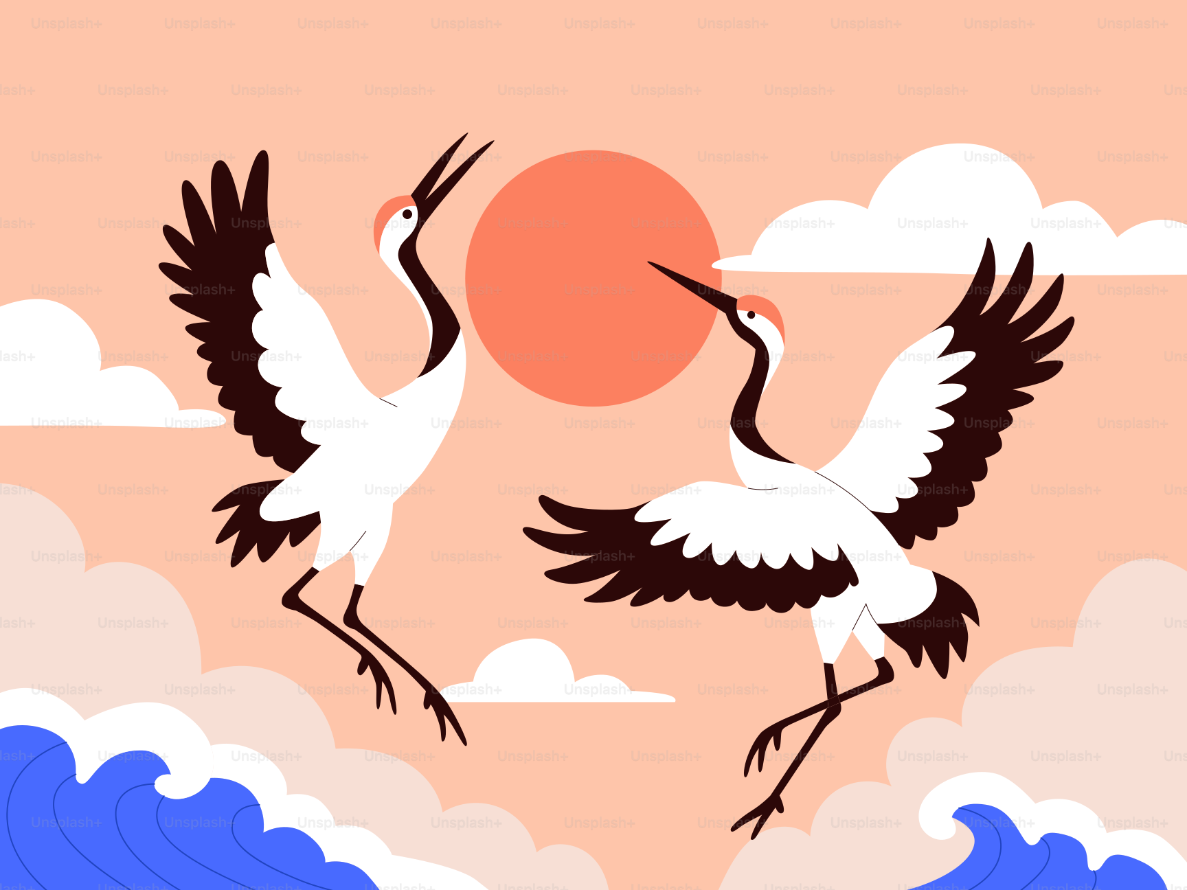 Two cranes dance against a sunset sky.