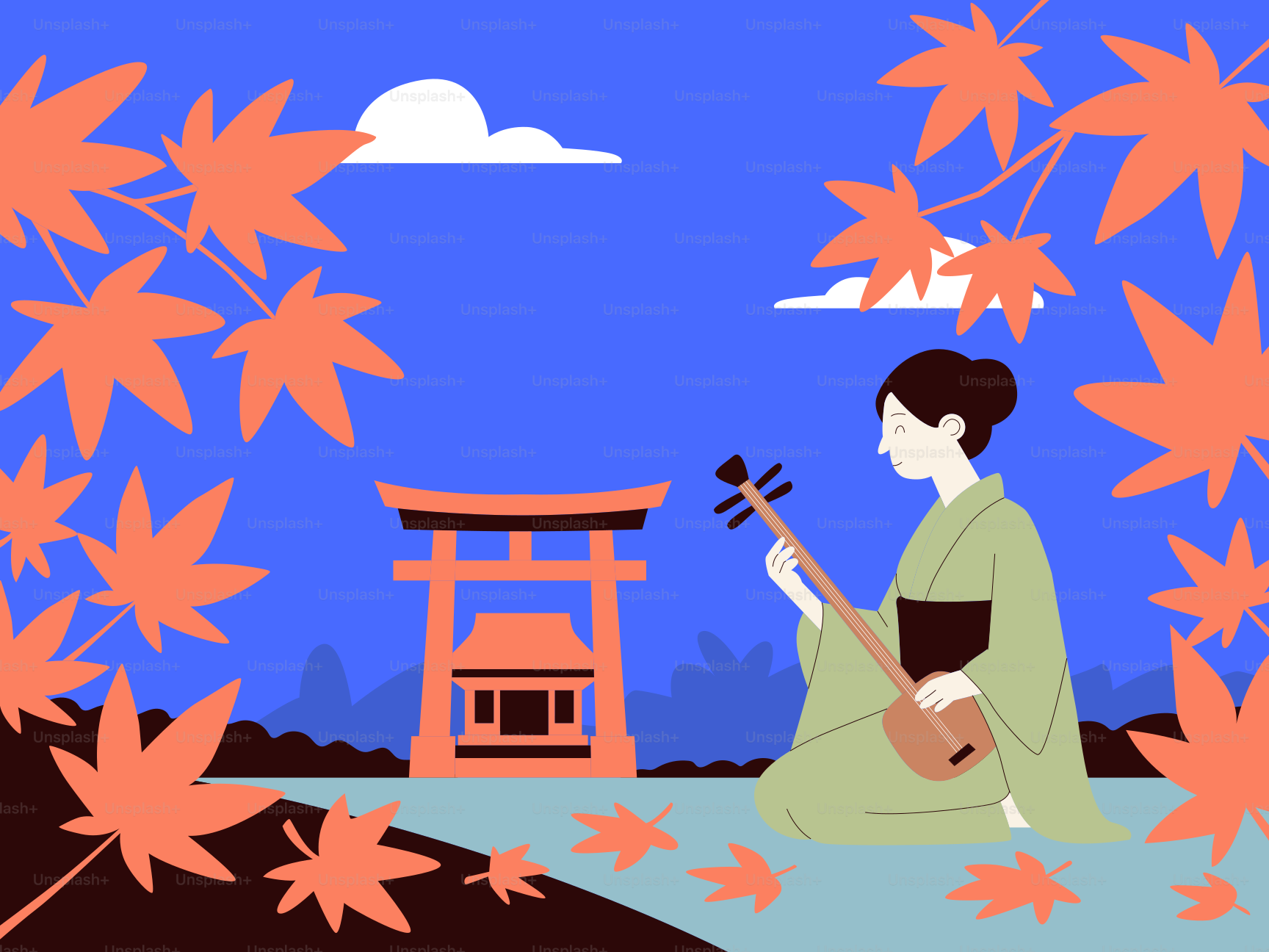 Woman in kimono plays shamisen by torii gate