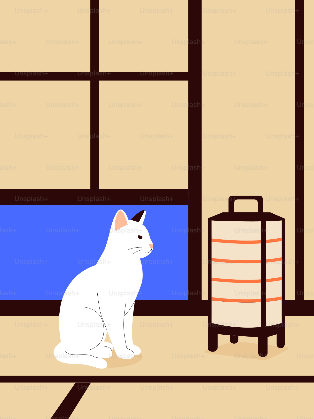 Gato blanco sentado junto a una linterna japonesa