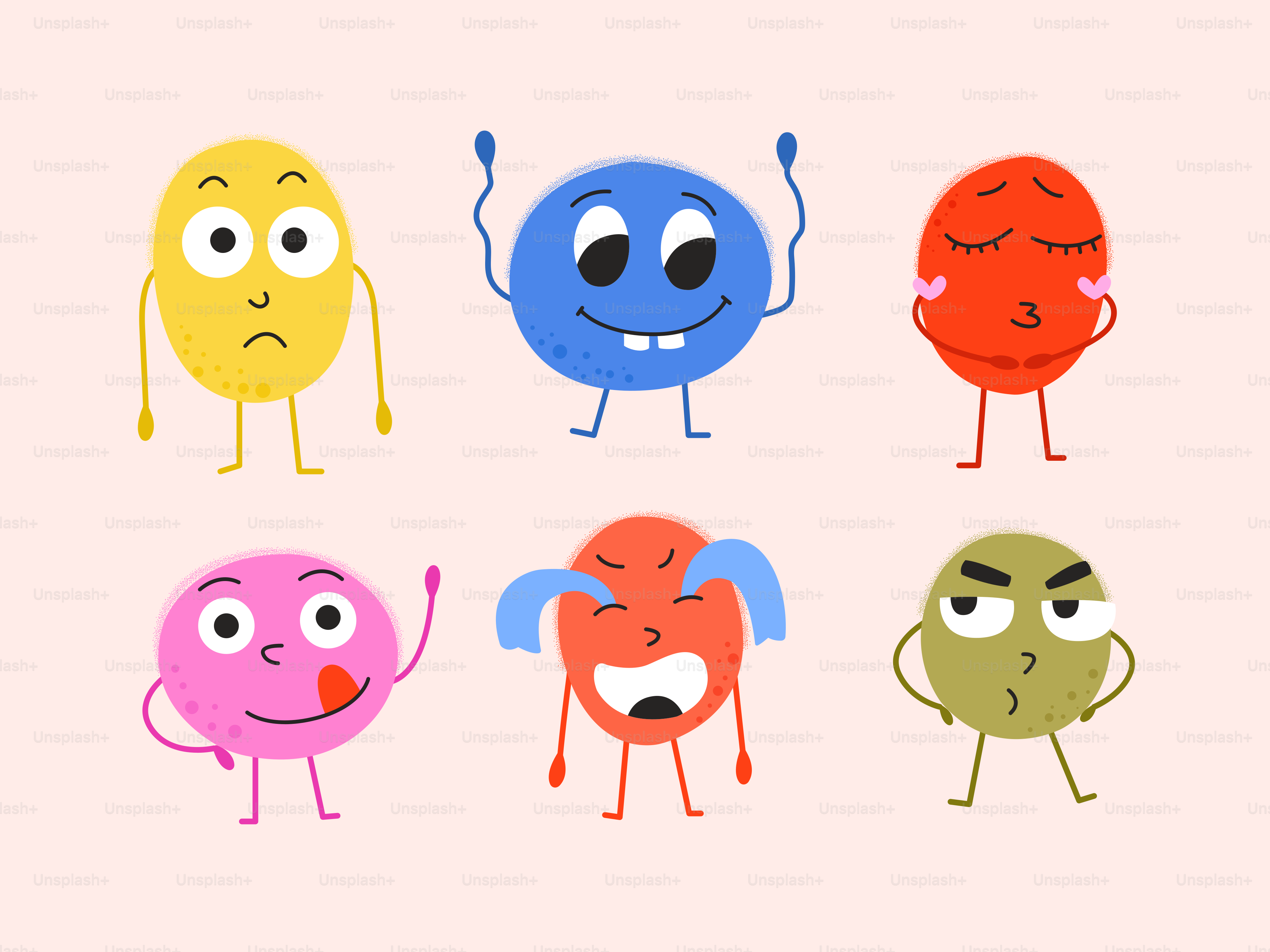 Six cartoon faces showing different emotions