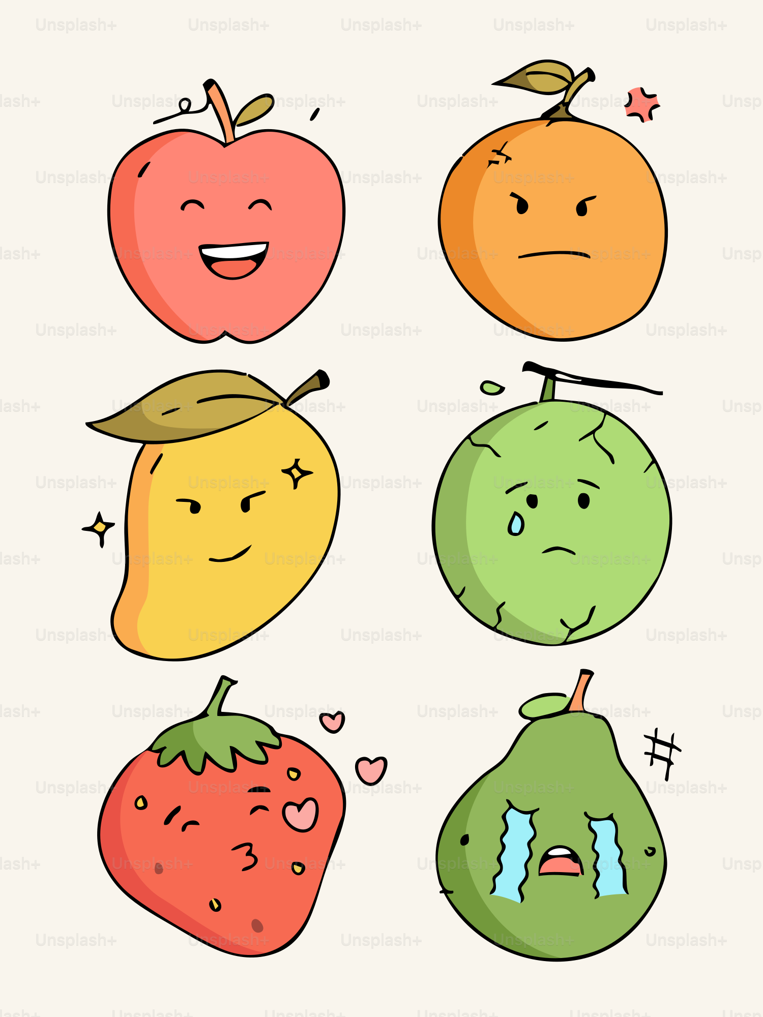 Six cartoon fruits with different facial expressions