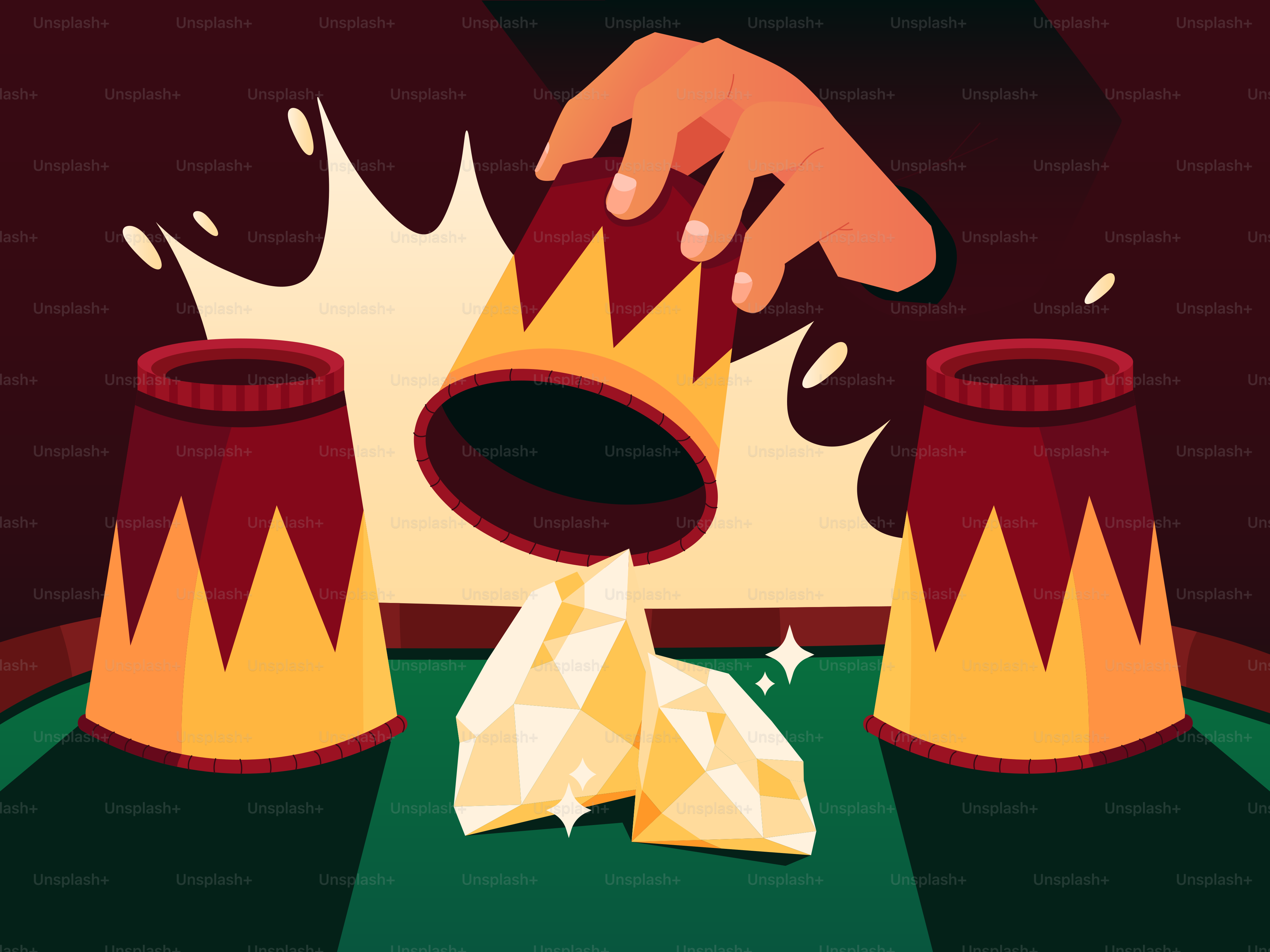 Magician reveals gems under cups on of three cups.