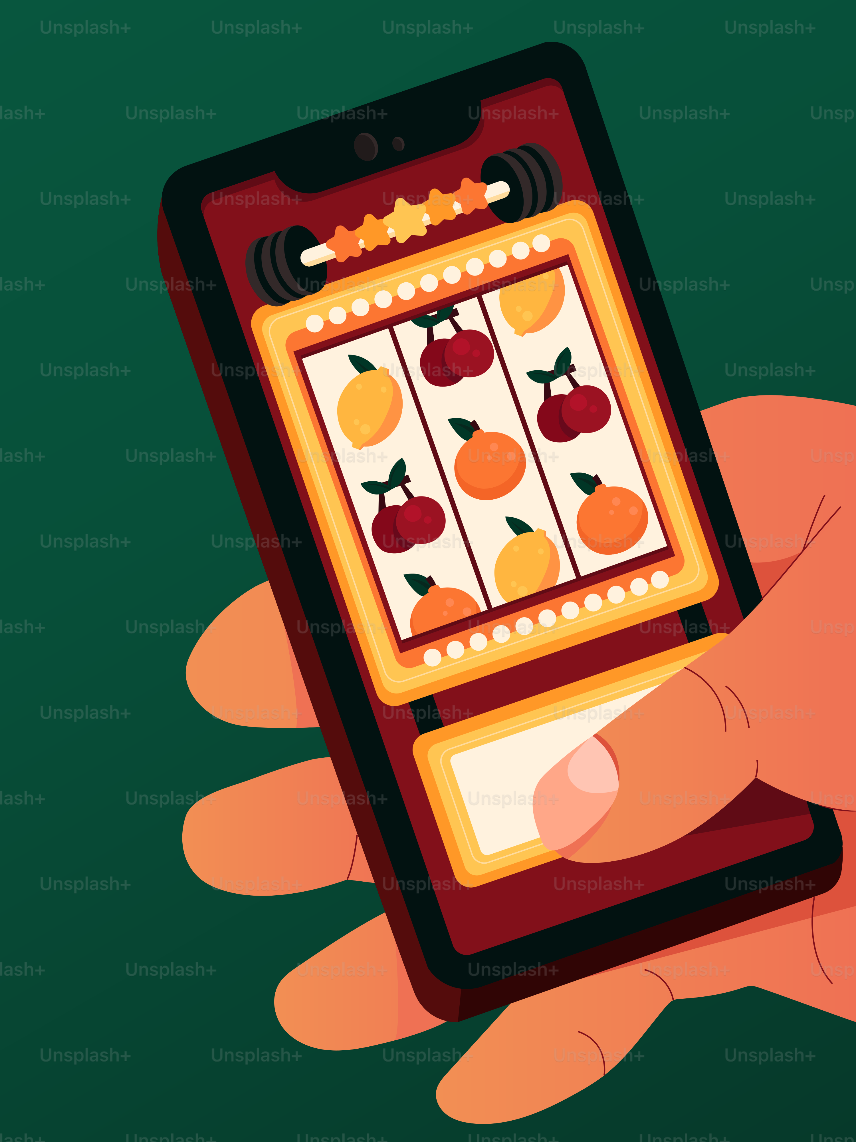 Hand holding smartphone playing slot machine game