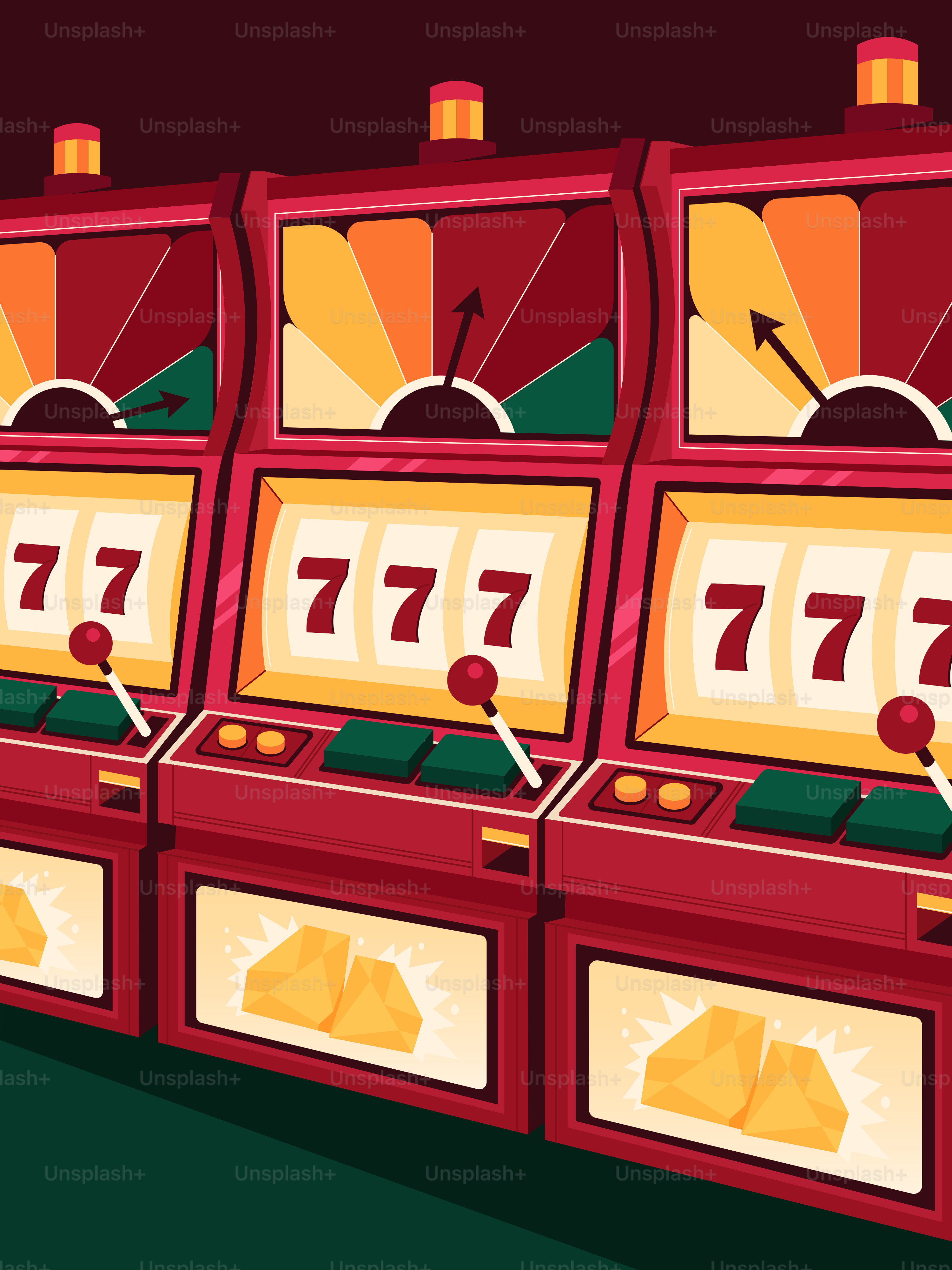 Drei Spielautomaten mit glücklichen Siebenern