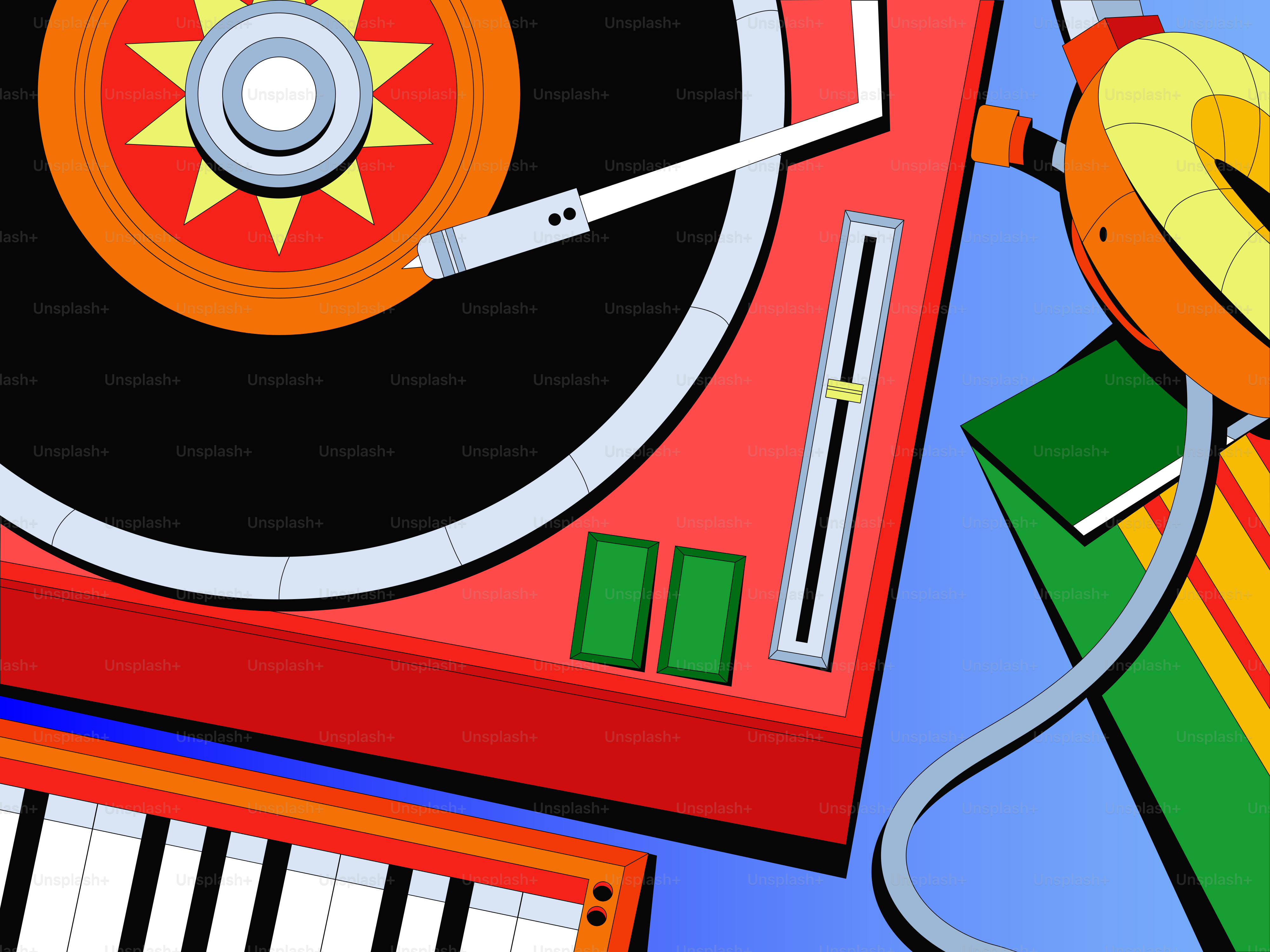 Turntable, keyboard, and headphones with abstract background