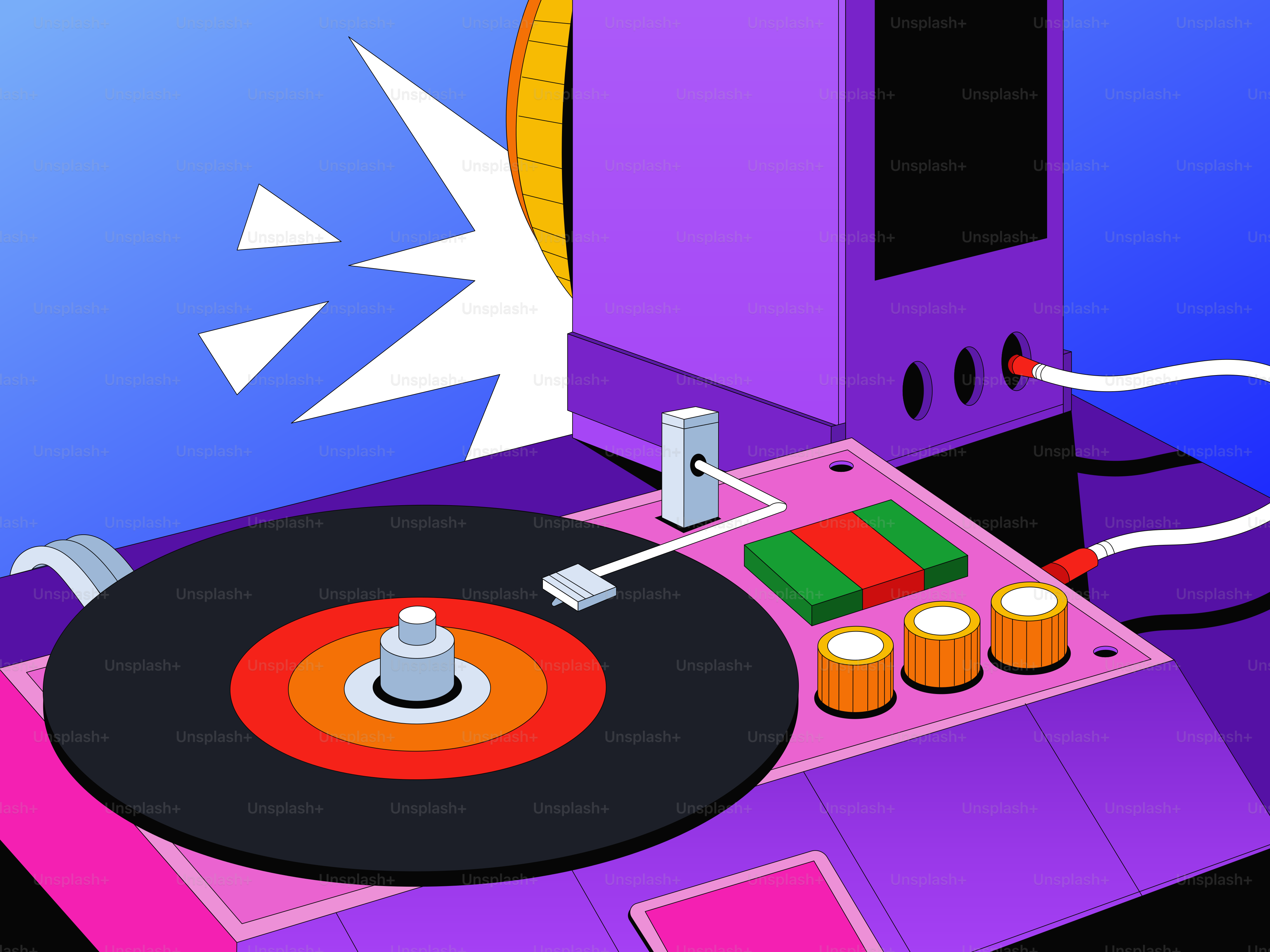 A purple record player with a spinning vinyl.