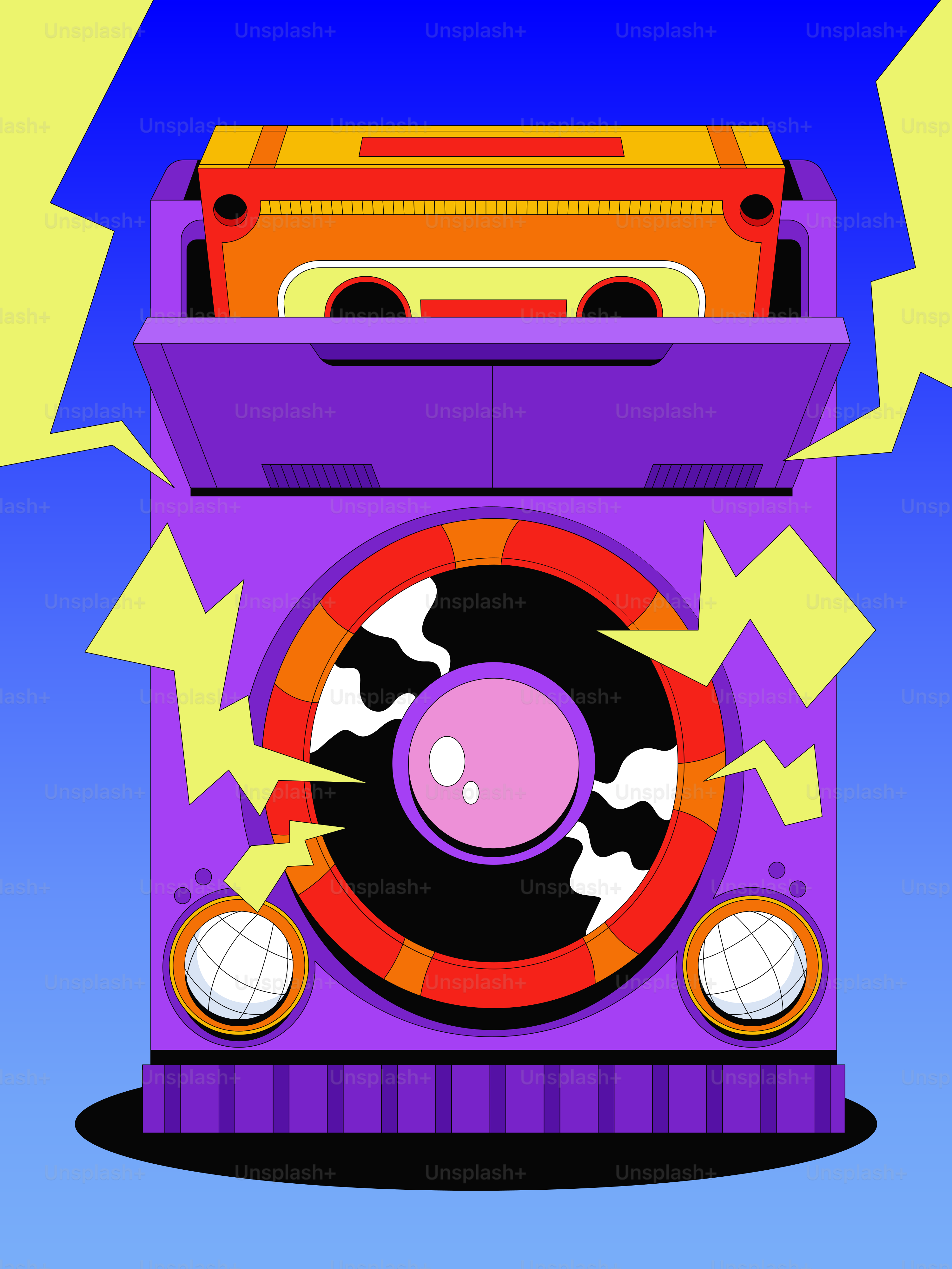 Retro boombox with cassette tape playing music vector – Illustration ...