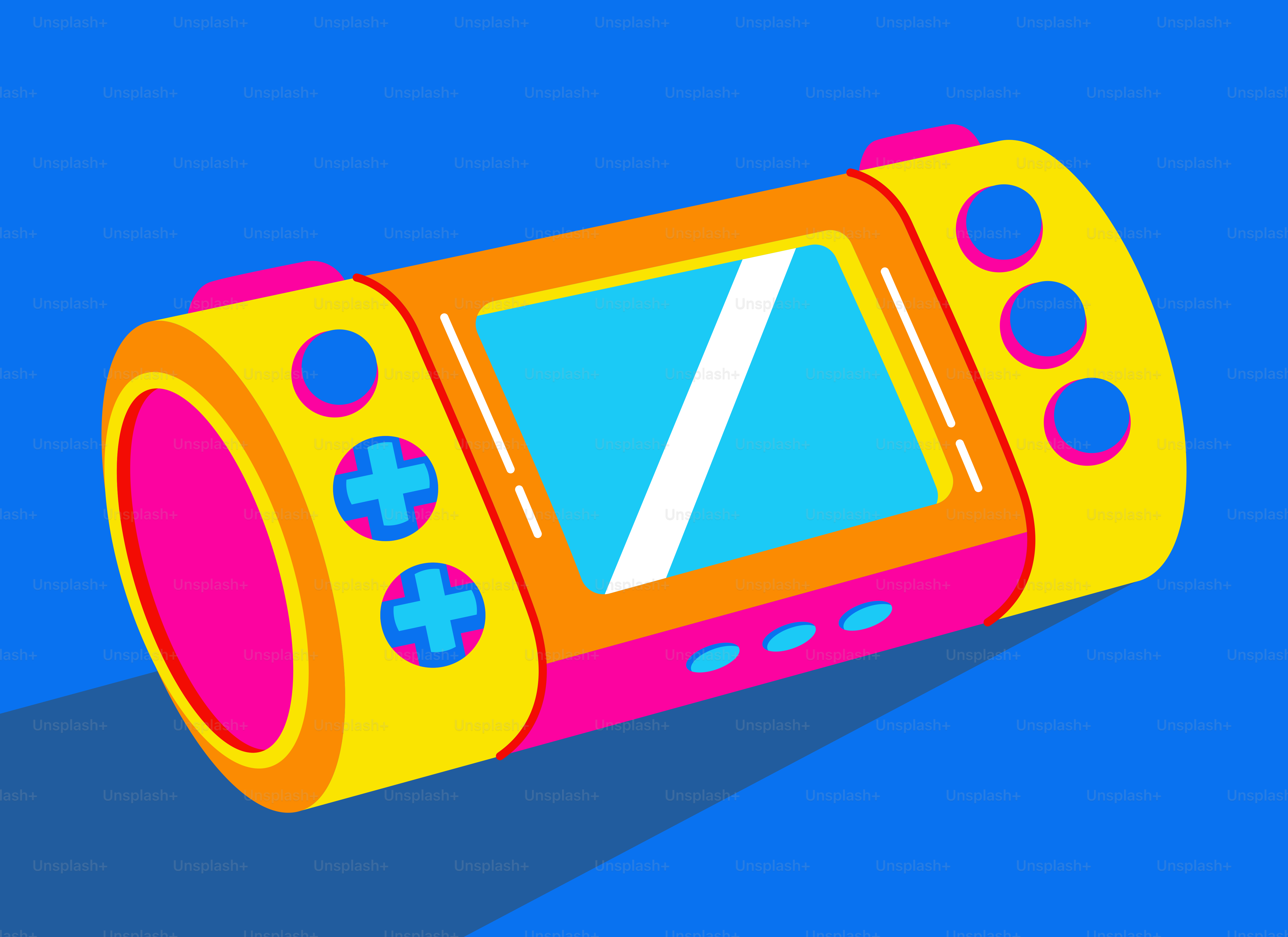 A colorful retro handheld gaming device on blue background