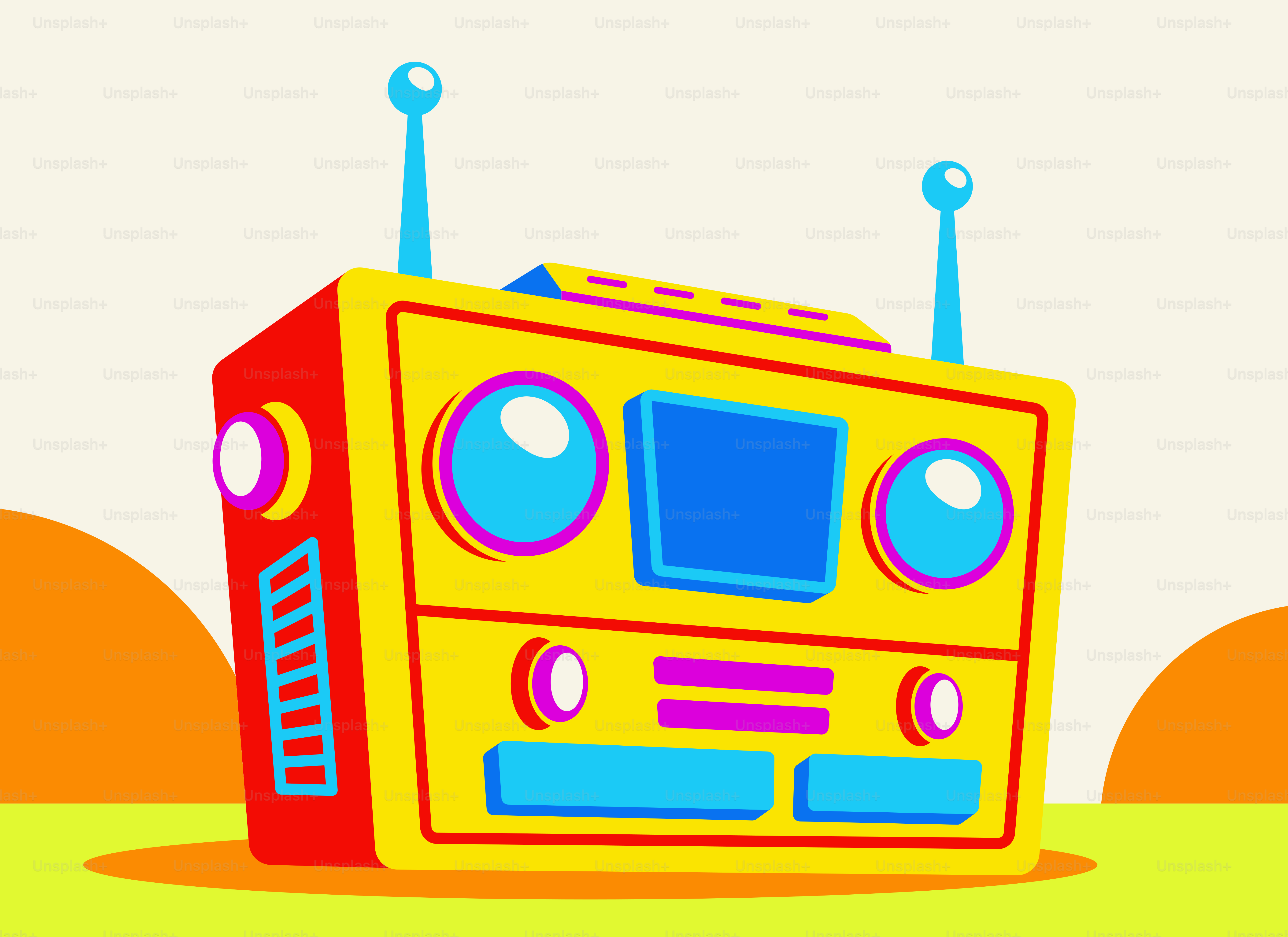 A colorful, retro-style radio with two antennas