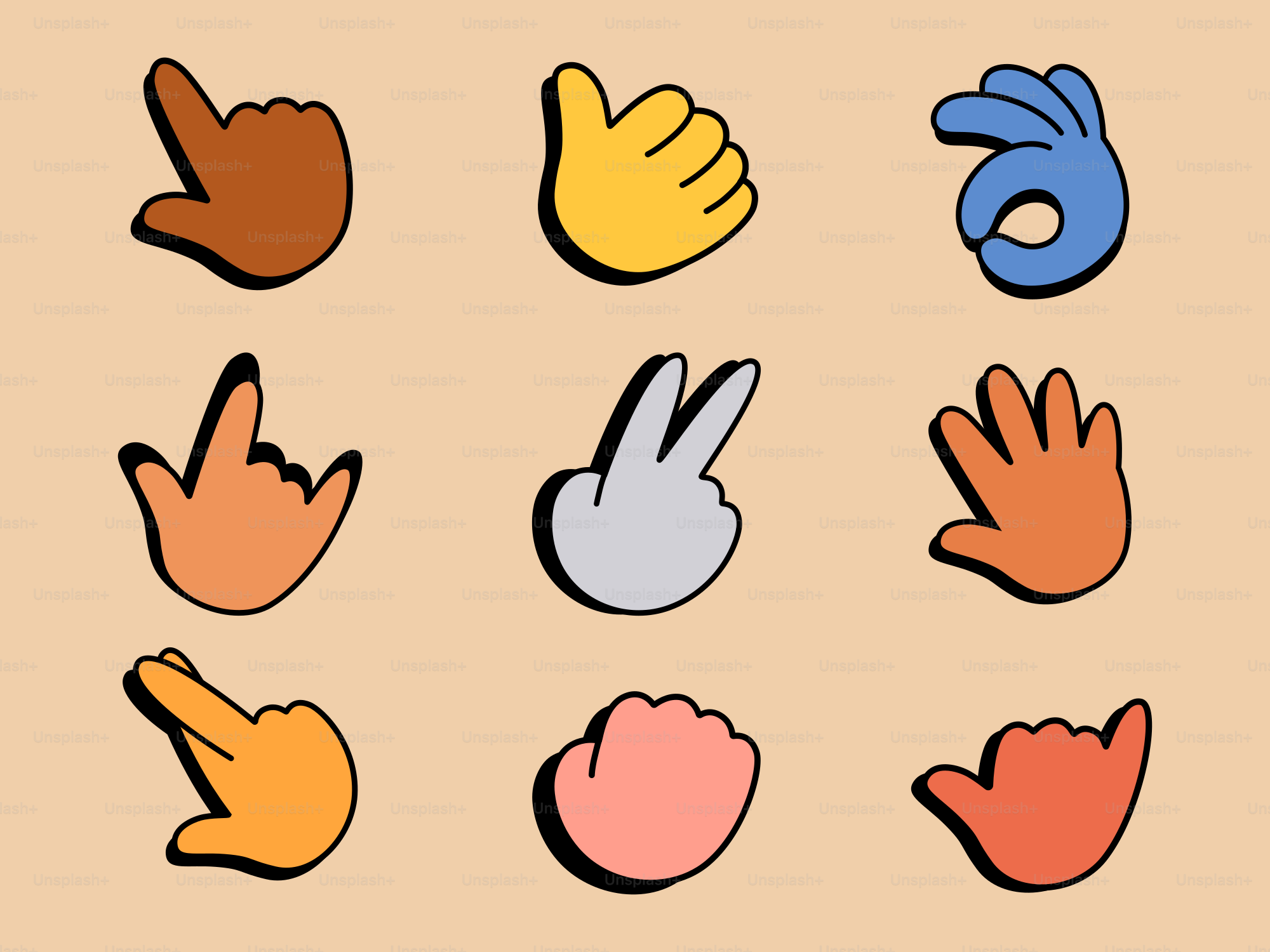 Sammlung verschiedener Handgesten und Emojis