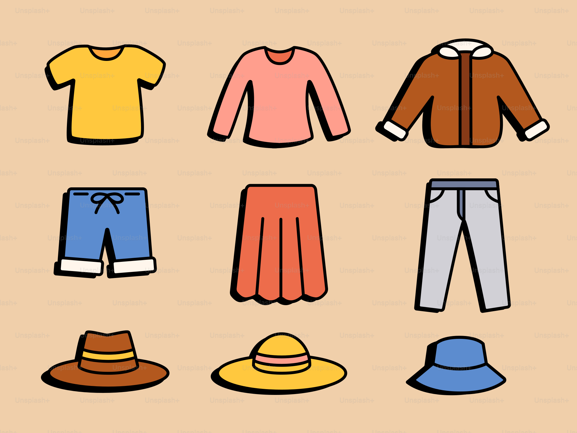 Collection of casual clothing and hats on beige background
