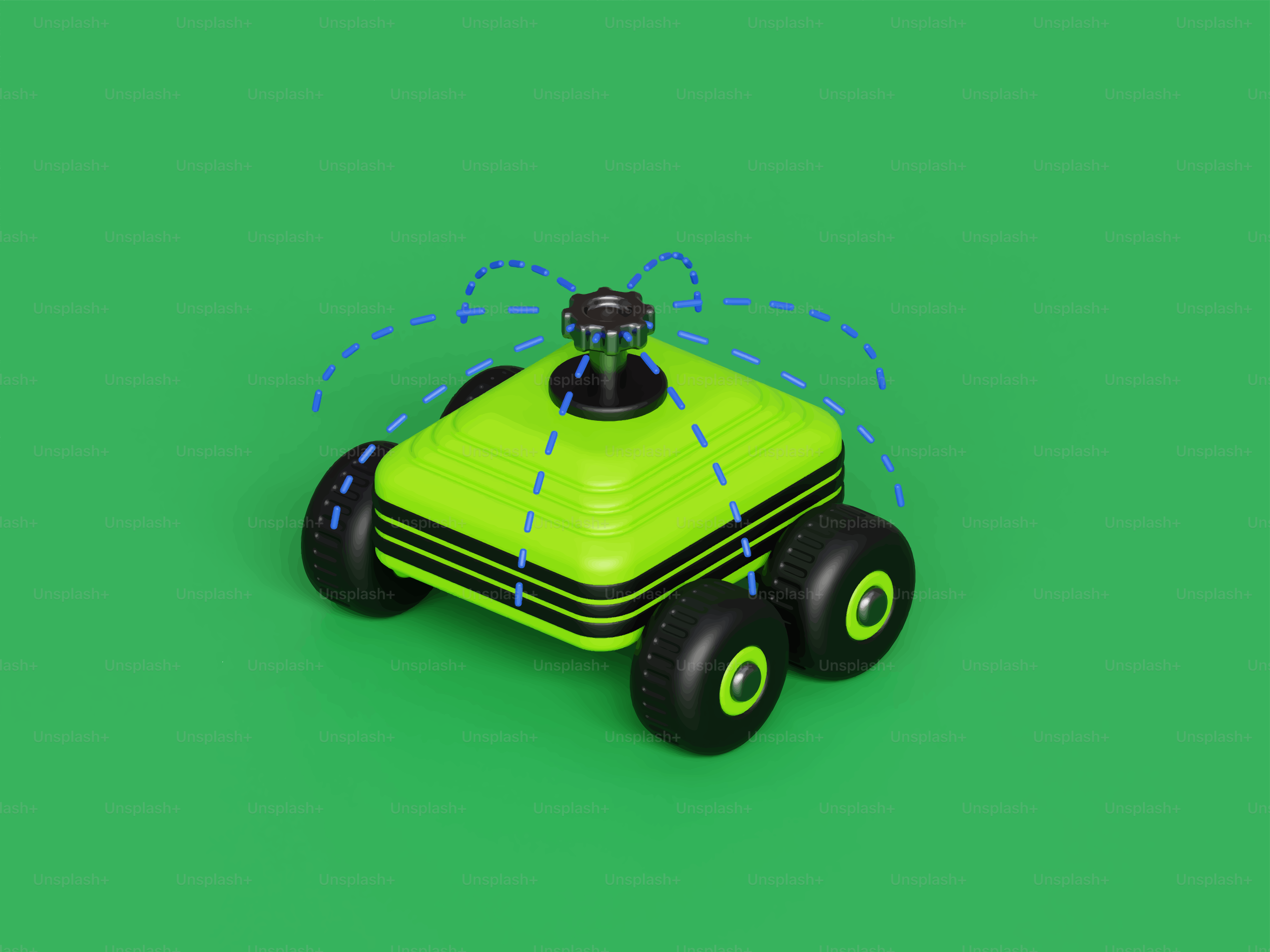 Um aspersor de brinquedo verde com rodas sobre fundo verde