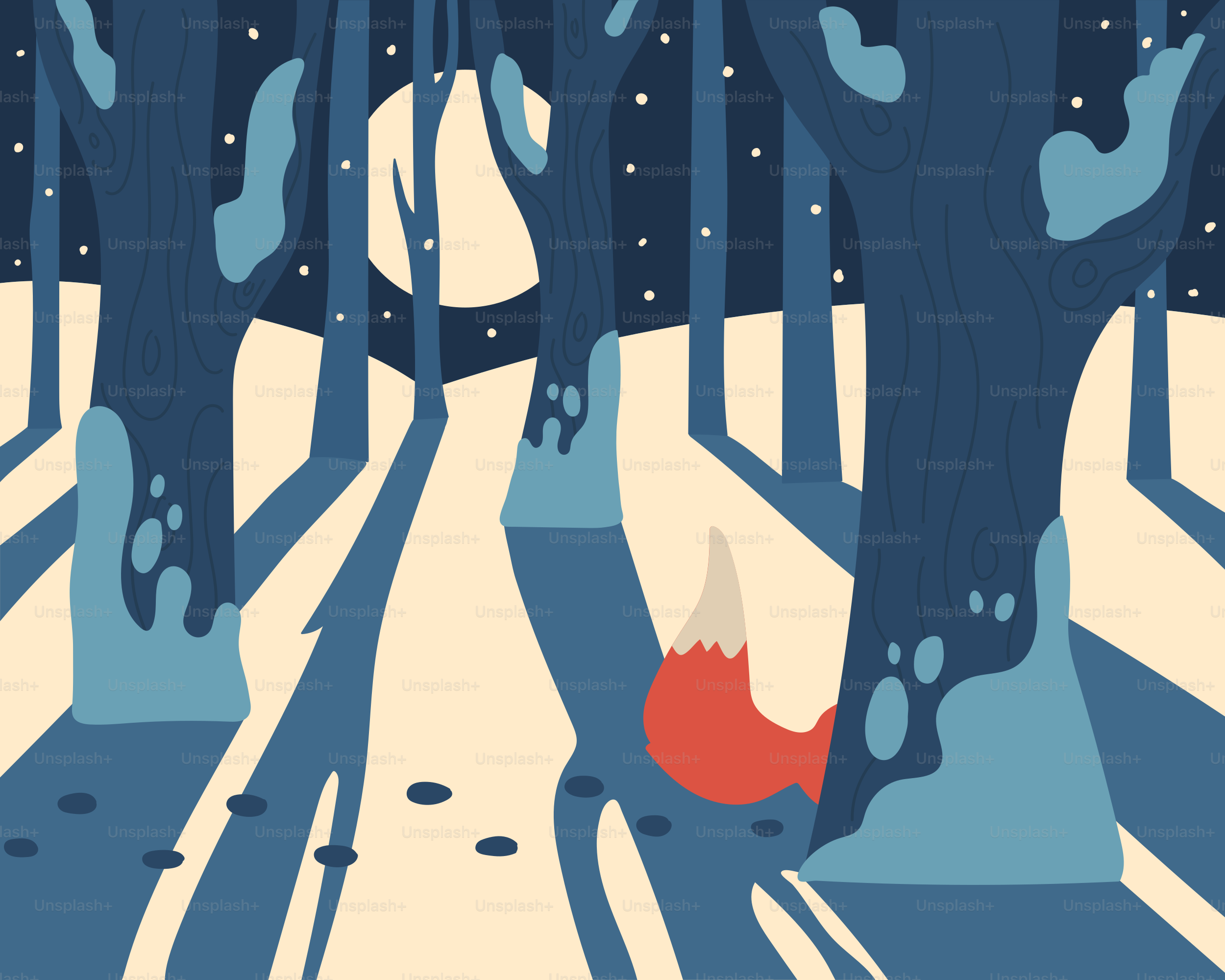 A fox's tail peeks out from behind trees at night.