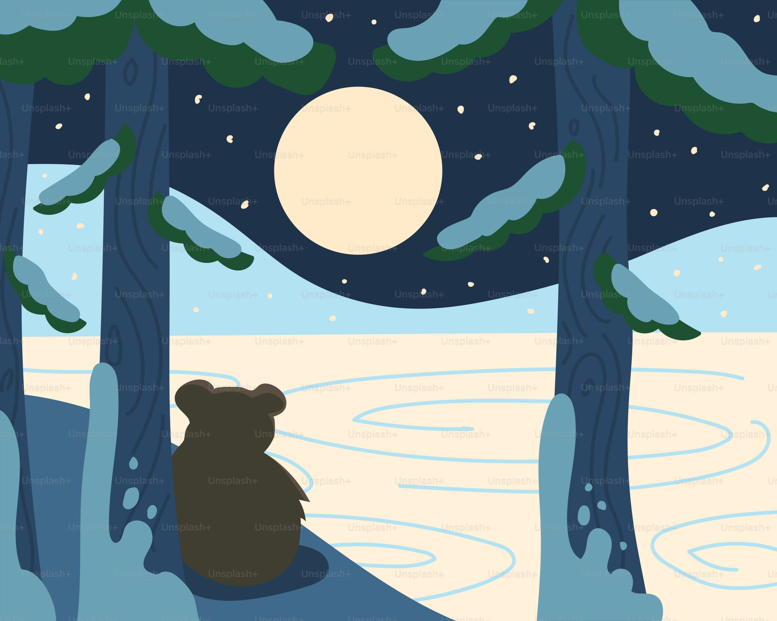 Bear watches moonlit snowy forest night