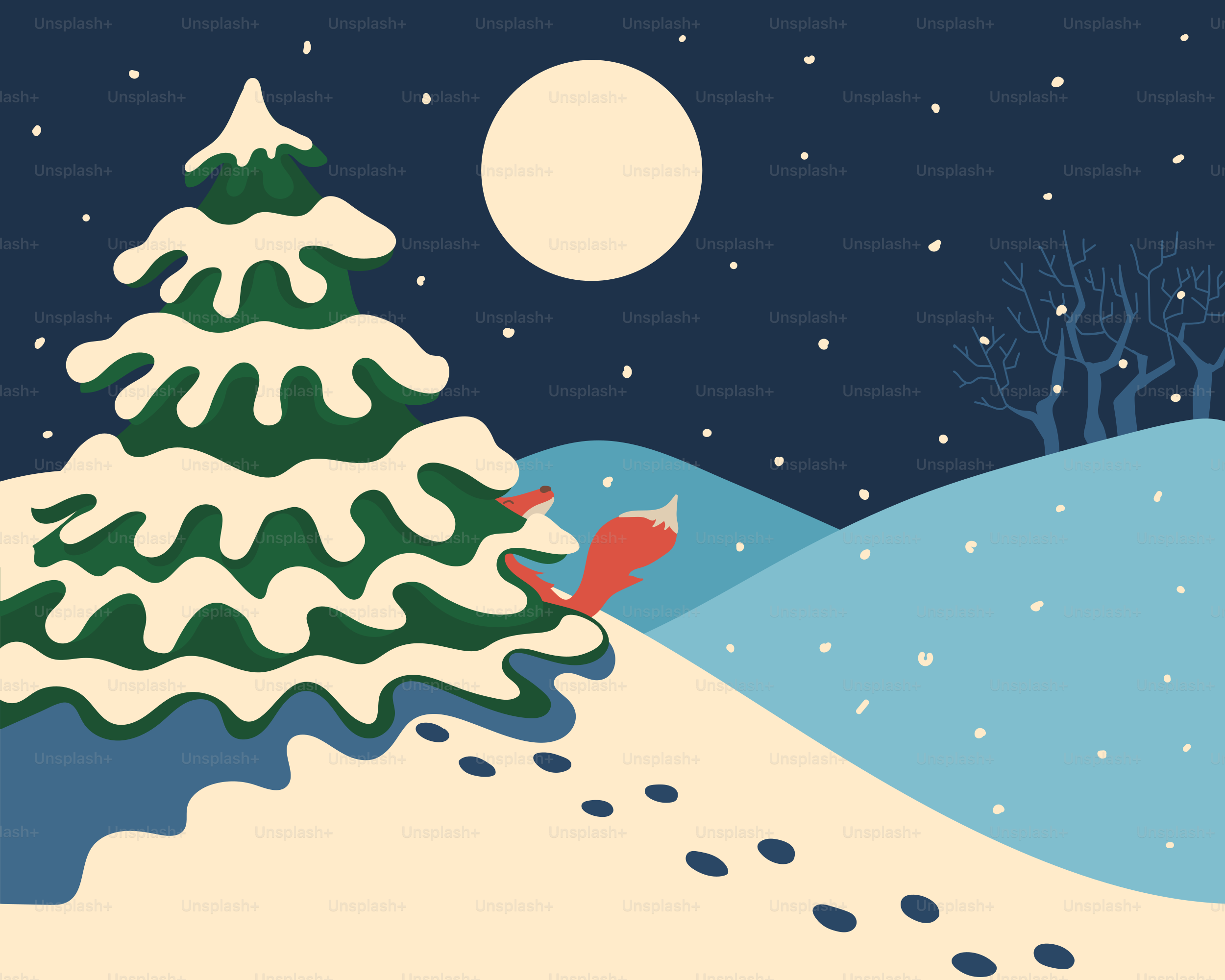 A fox walks through a snowy landscape at night.