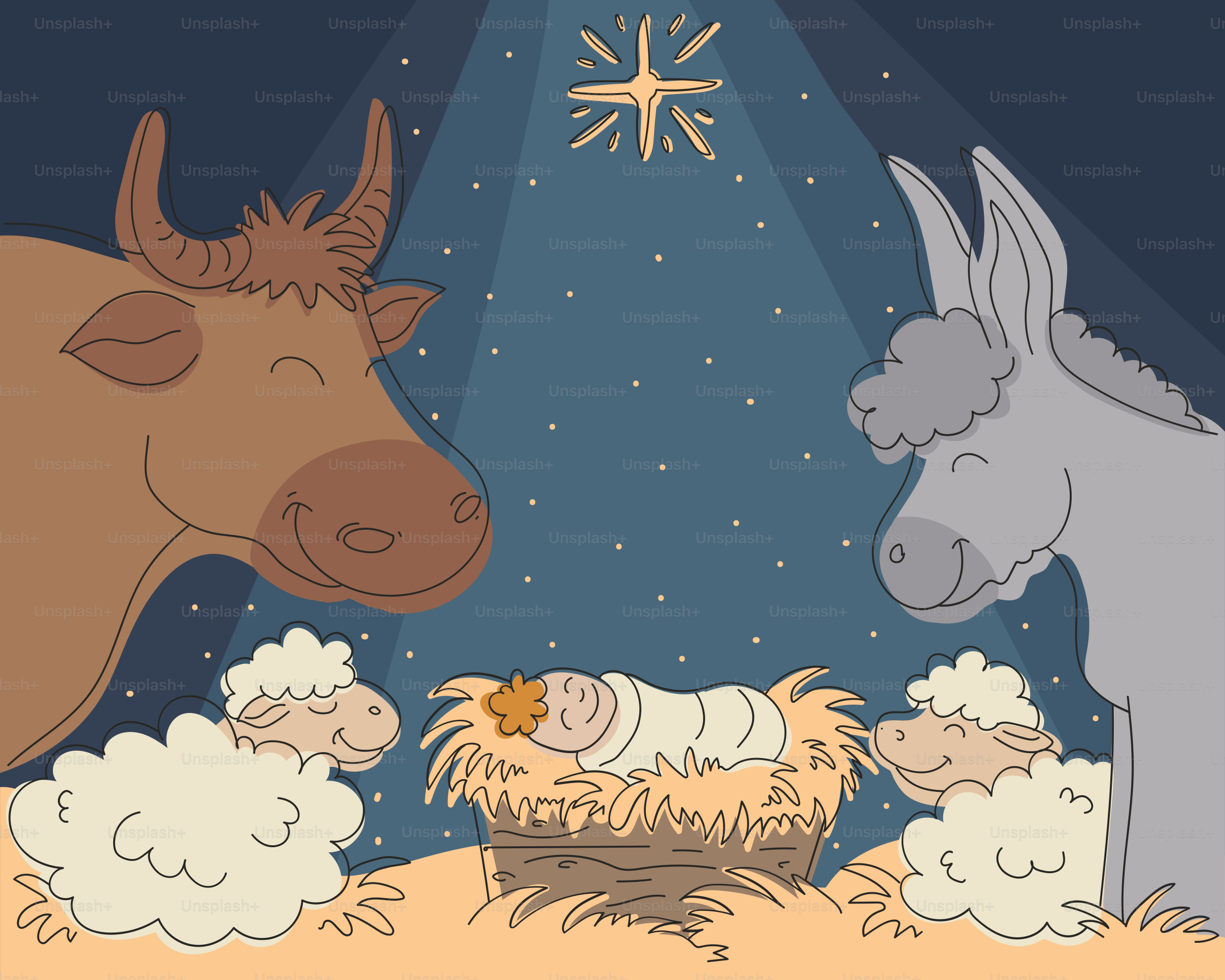 Belén con el niño Jesús, María, José y animales.
