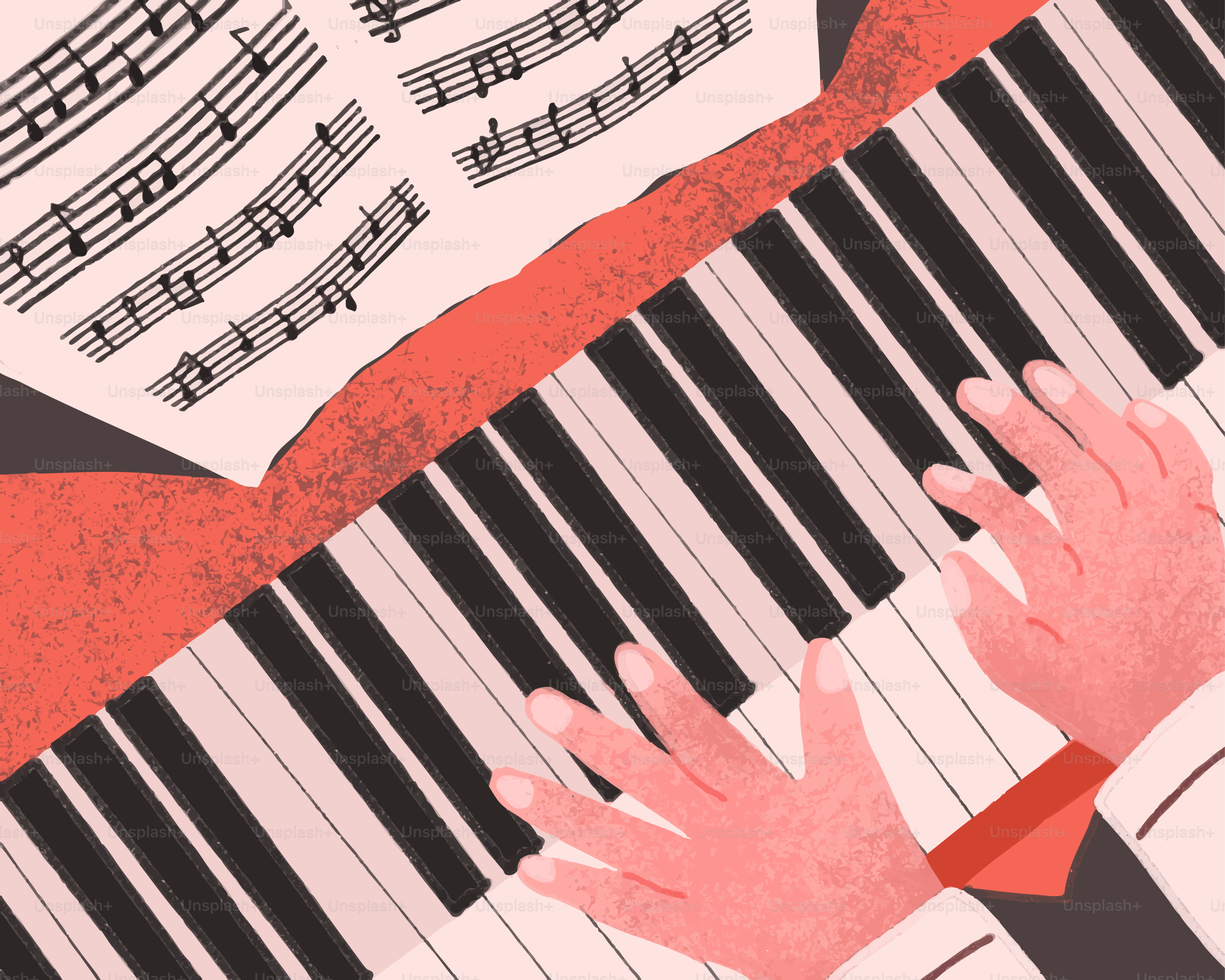 Hände, die Klavier mit Noten spielen