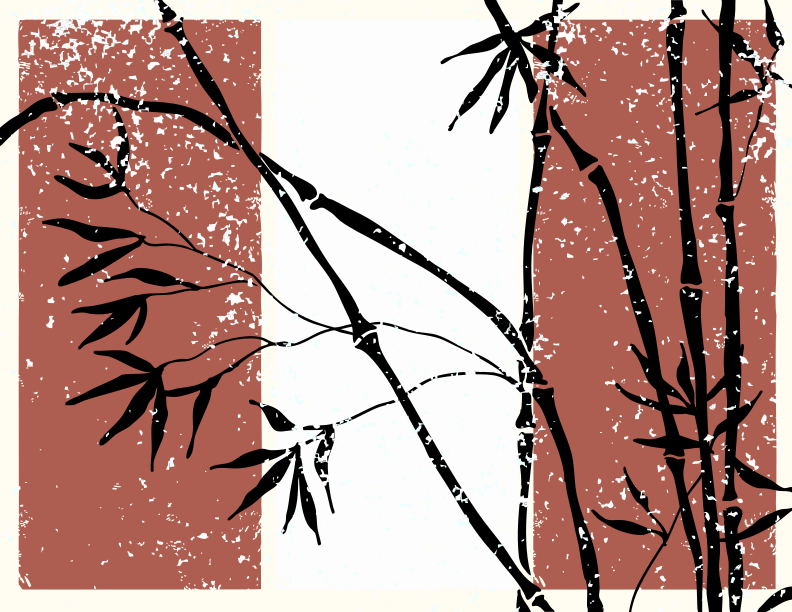 Black bamboo branches against textured red and white background