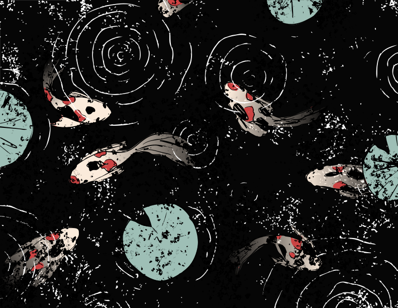 Koi fish swim amongst lily pads and ripples.