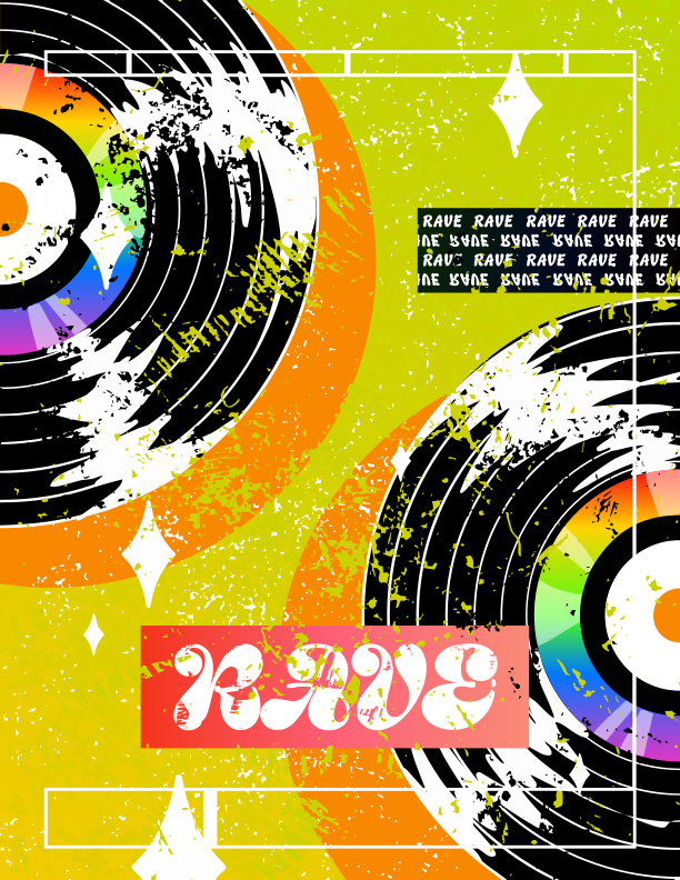 Affiche rave rétro abstraite avec disques vinyles