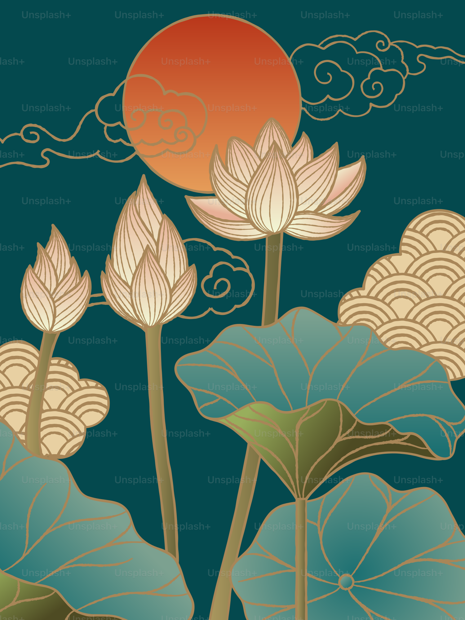 Lotus flowers bloom under a warm sun with clouds.