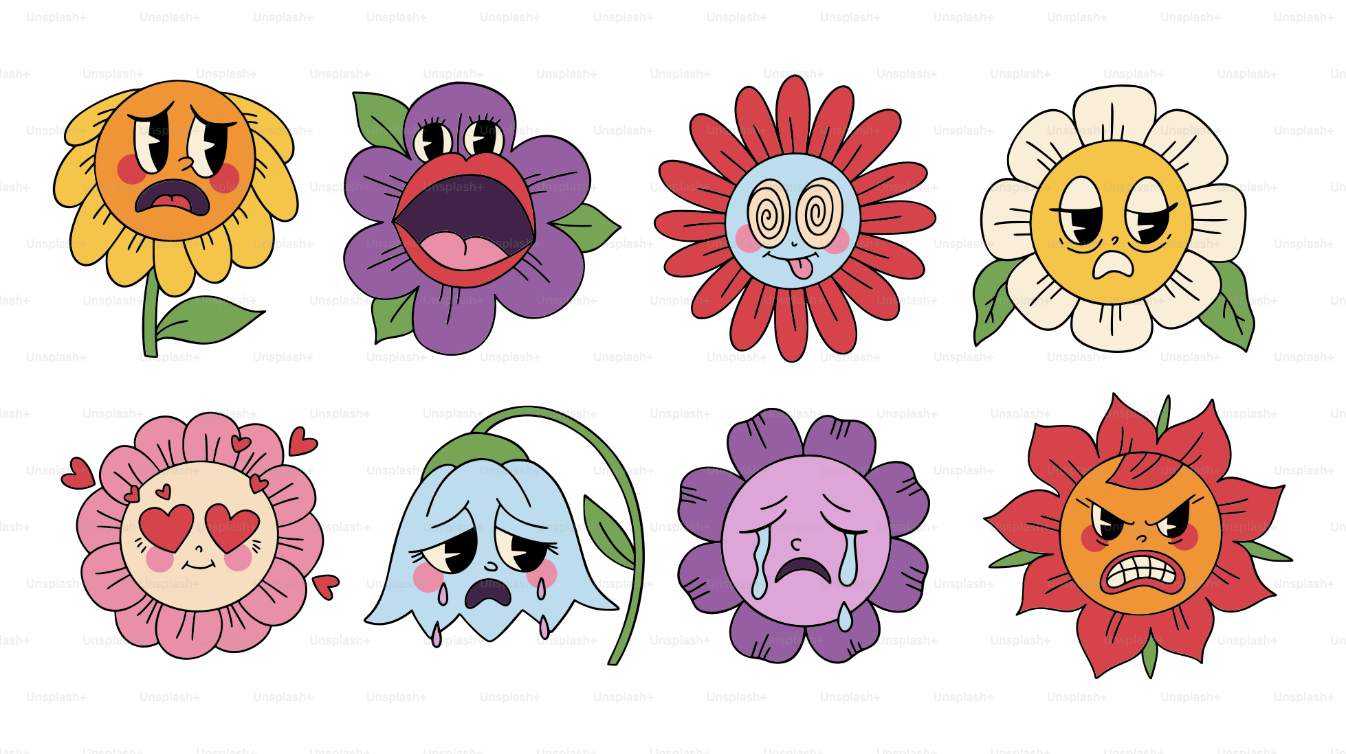 Cartoon flowers with various expressive faces.
