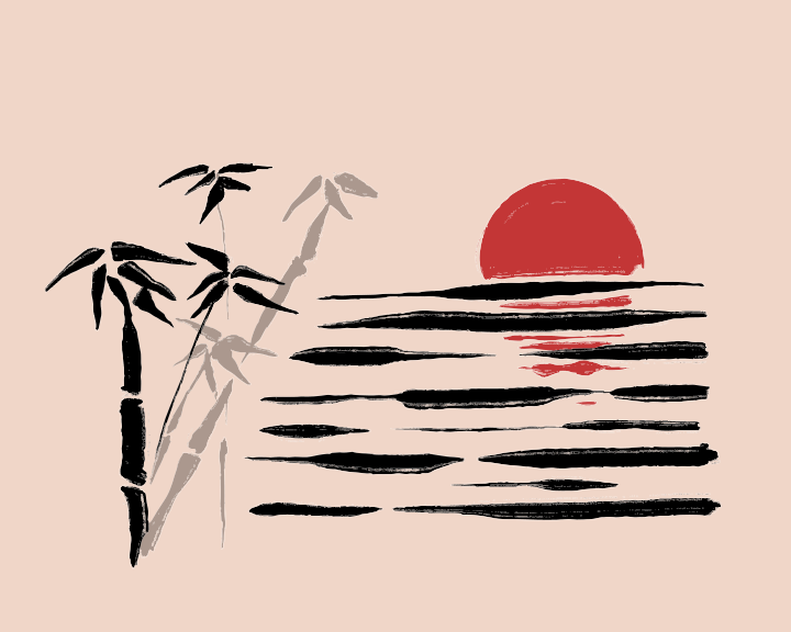 Red sun setting over abstract water with bamboo